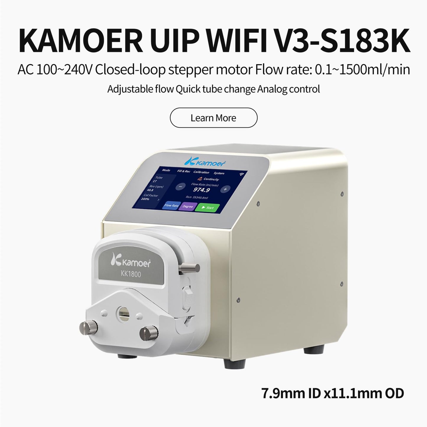 Kamoer UIP V3 Intelligent 0.1~1500ml/min High Flow Peristaltic Pump with High-Precision Closed-Loop Stepper Motor 100V~240VAC Dosing Pump Foot Switch (UIP-V3 Single Head)