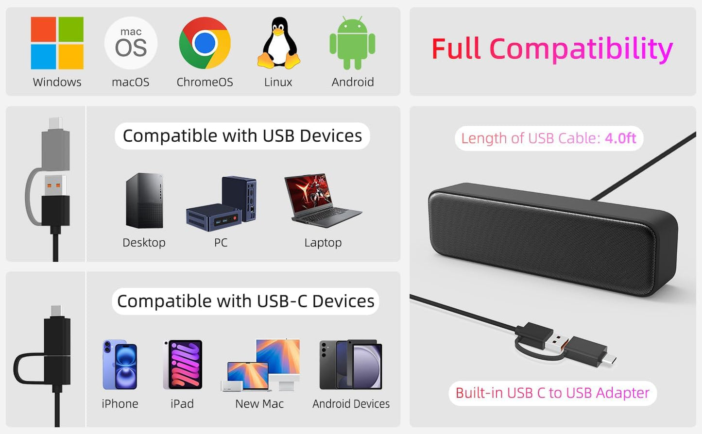 YOFANQI Computer Speakers for Desktop PC, External Speakers for Laptop, Mini Computer Soundbar for PC, Wired USB Plug