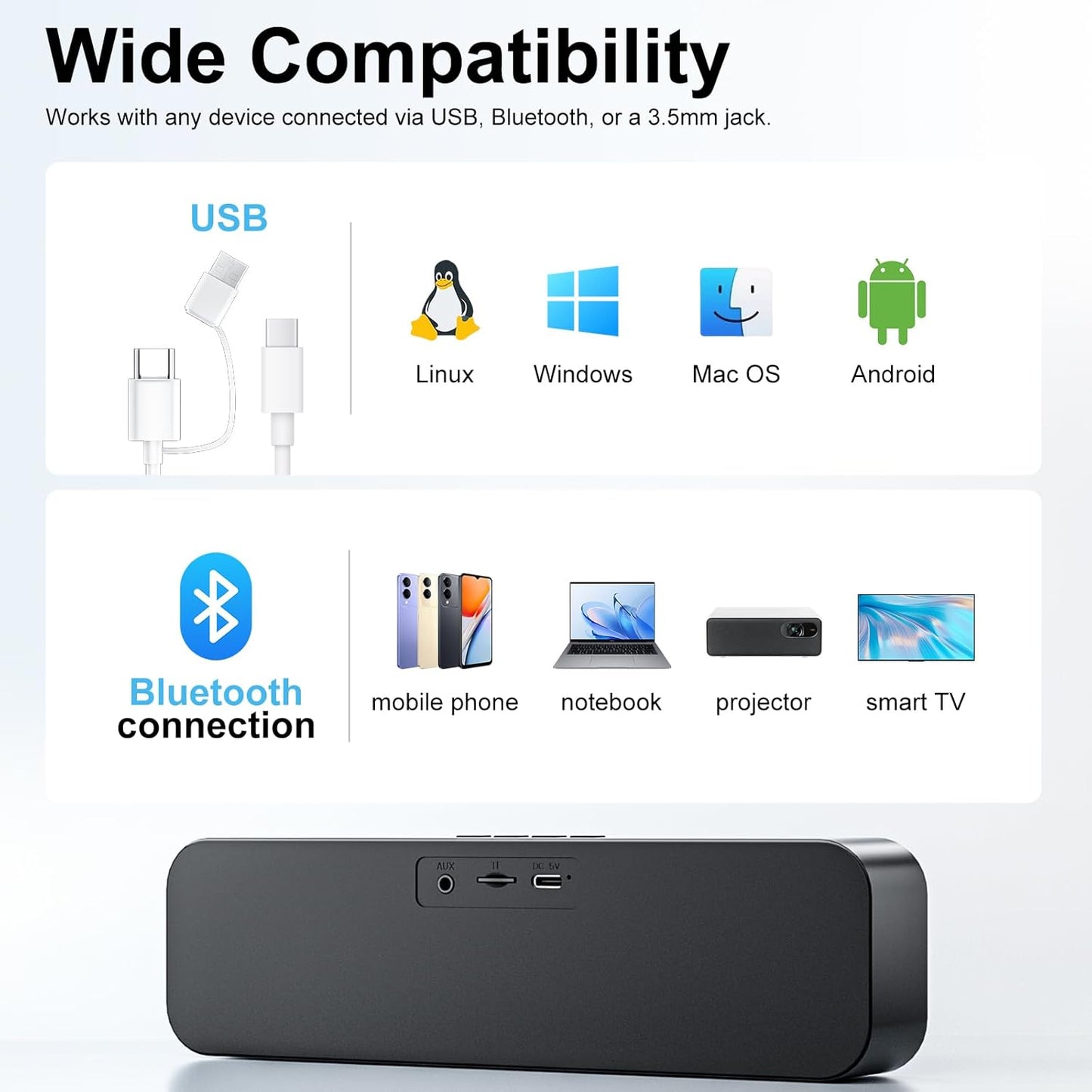 KASOHQEE Bass,3.5mm Computer Speakers for Desktop PC,Rechargeable Bluetooth Speaker,Small Computer Soundbar with Stereo