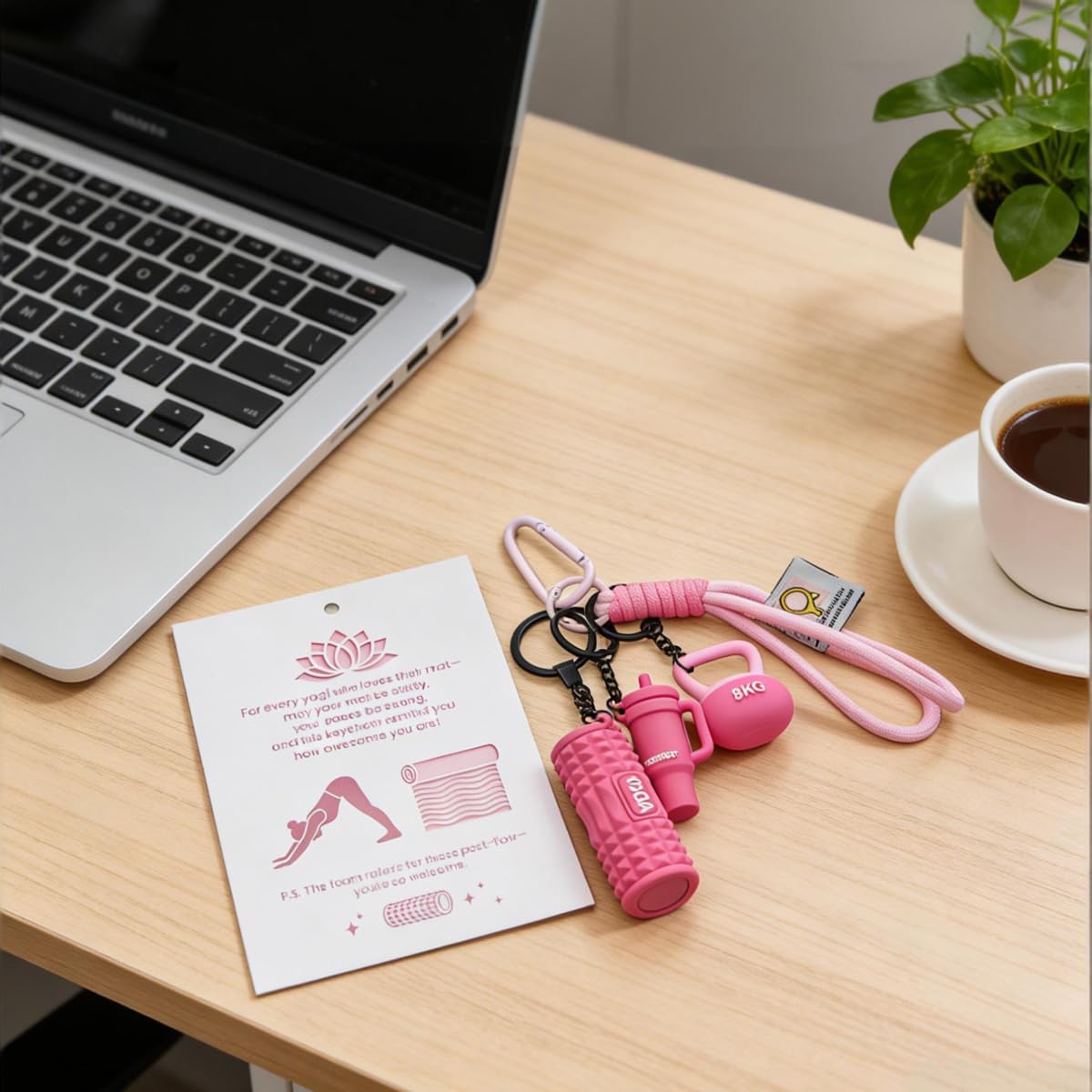 Pomelo Life Yoga Lover Wristlet Keychain - Bag Charms with Foam Roller, Kettlebell and Tumbler, Gift for Yogi Women & Fitness Enthusiasts (Pink)