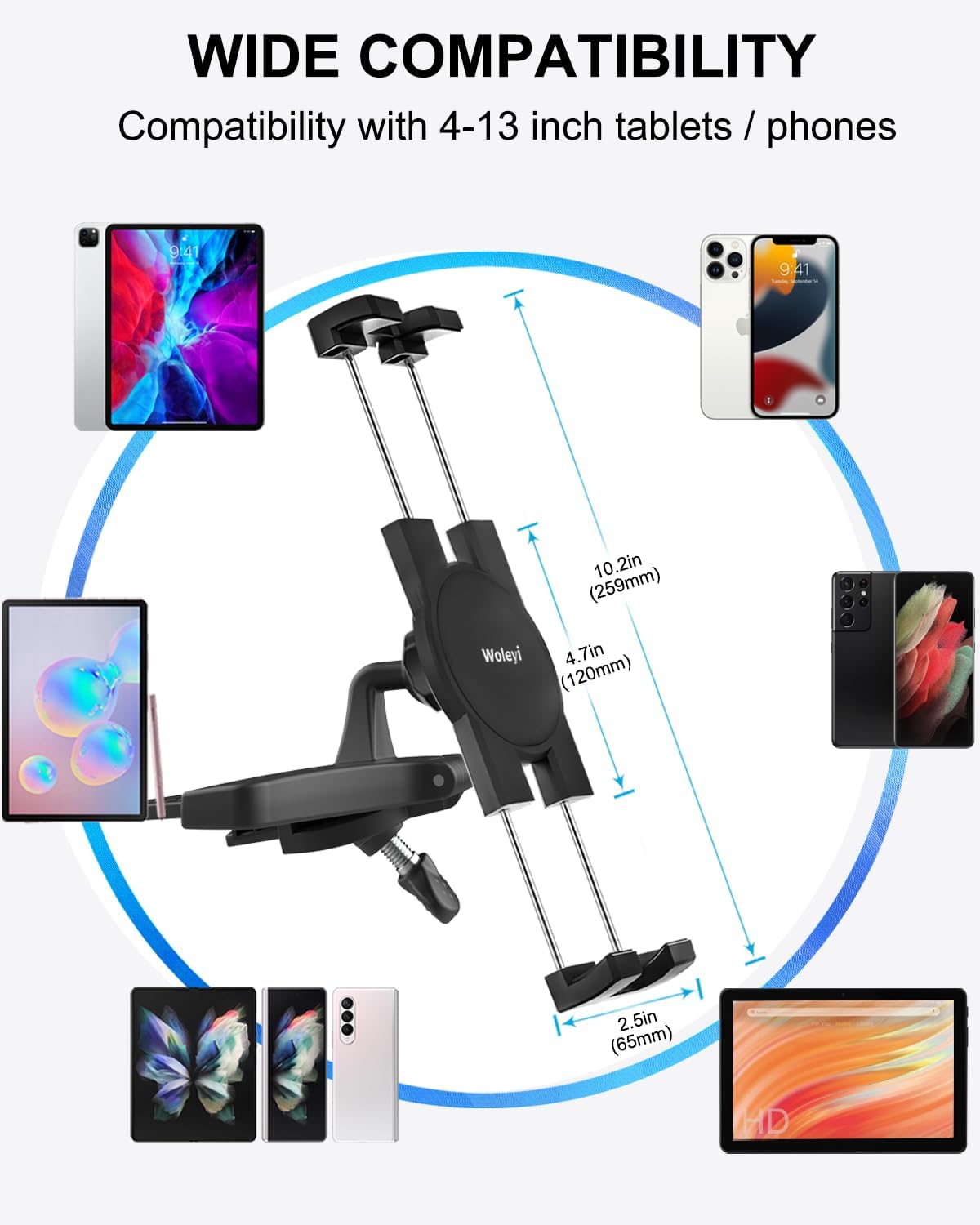 woleyi 360 9.7, 11, 12.9 5 4 3 2, 4-13" CD Slot Car Tablet Mount, Rotatable CD Player Car Tablet & Phone Holder