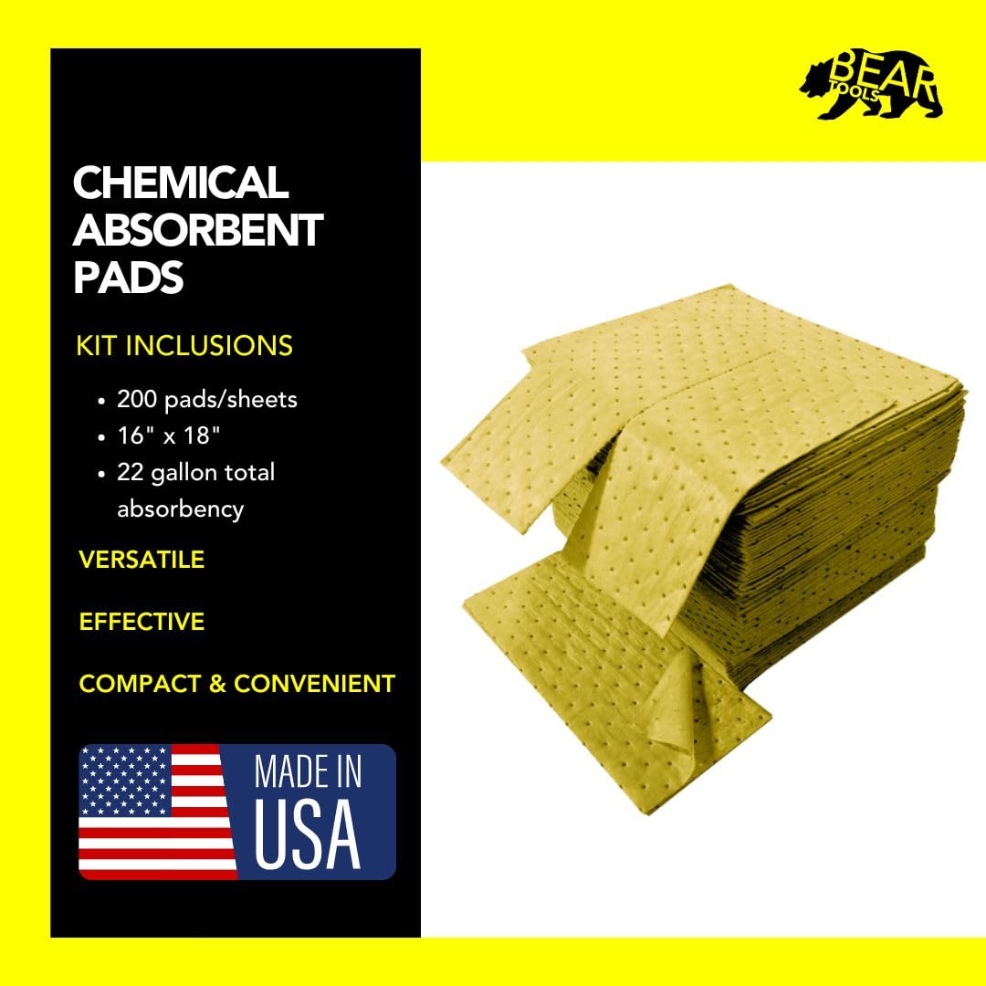 Chemical Absorbent Pads - Absorb Agressive Chemicals, Acids, Alkalis - Spill Control Sheets - 16" x 18", 100 Sheets, Sonic Bonded Core with Spun Bound Top Layer, Yellow - Indoor/Outdoor Use
