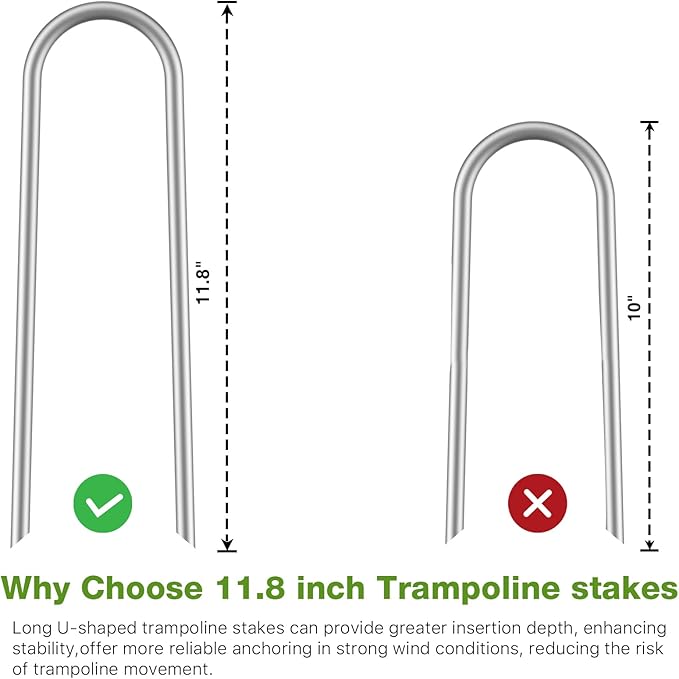 Heavy Duty Trampoline Stakes Anchors High Wind U Type Sharped Ends Safety Ground Anchors Galvanized Steel 11.8 inch for Soccer Goals,Tents and Garden Decorations