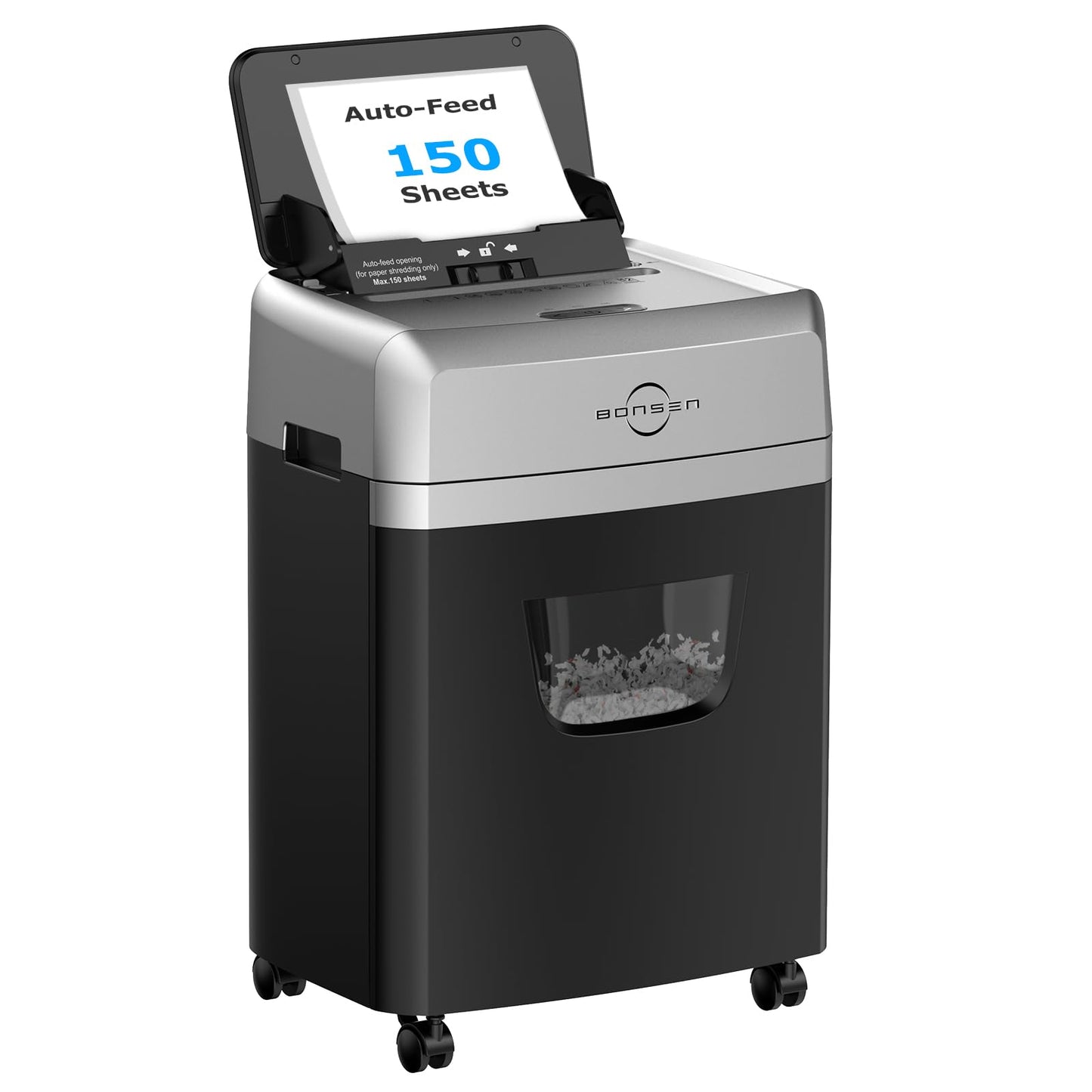 BONSEN 150-Sheet Autofeed Paper Shredder Heavy Duty, 60 Mins Micro-Cut Shredder for Office, 6 Gal Large Capacity Bin P-4 High Security Commercial Document Shredders for Home Office S3114