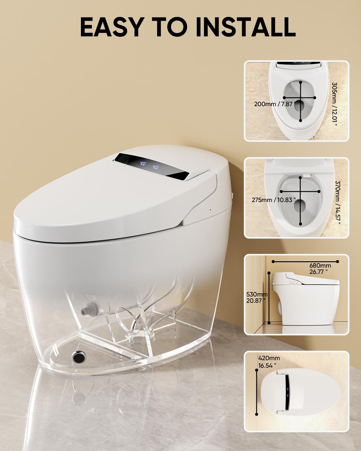 Smart Toilet with Warm Water Sprayer and Dryer, One Piece Bidet Toilet with Auto Dual Flush Foot Sensor Operation,Heated Seat Smart with Built In Fahrenheit LED Display