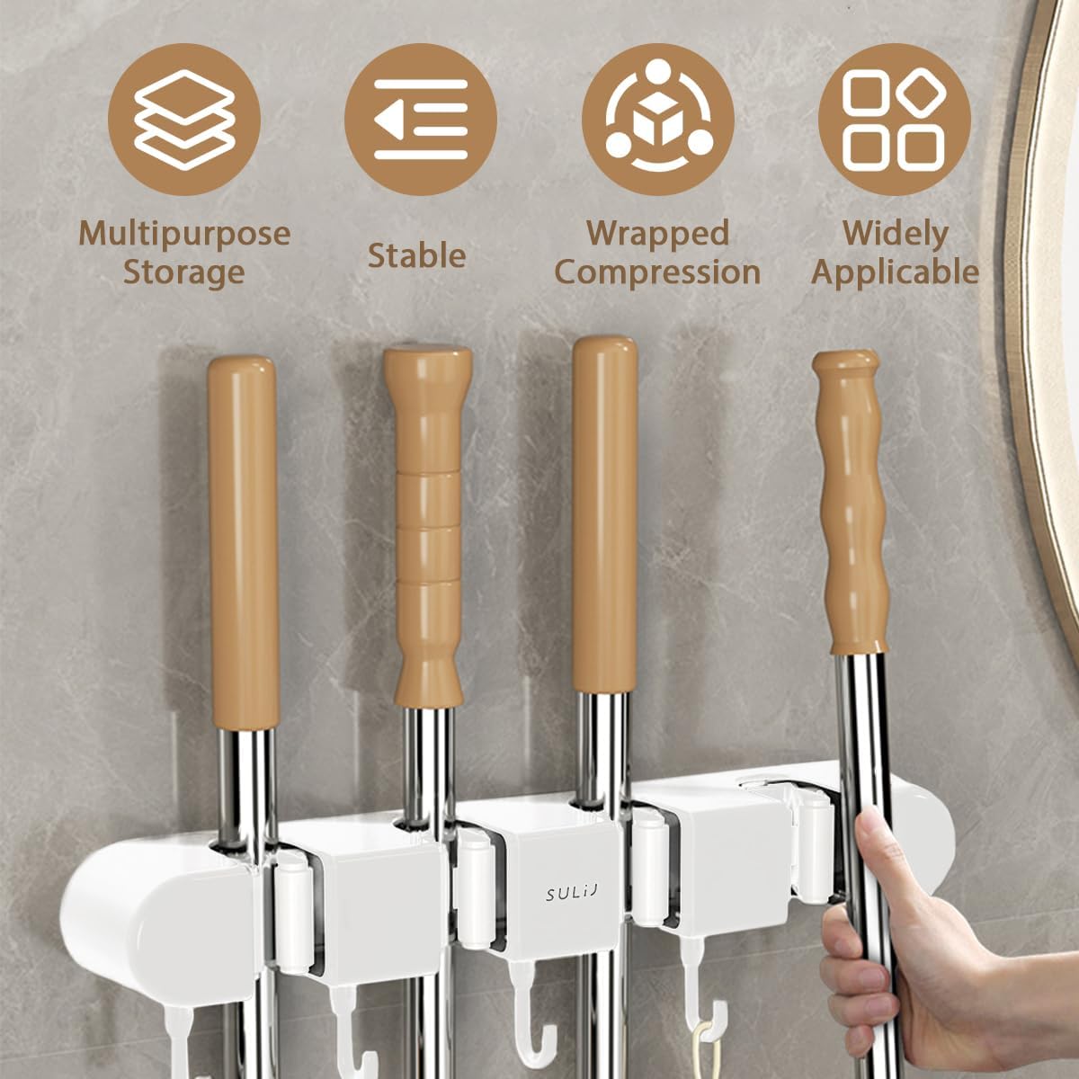 Skiennix Broom Holder Wall Mount - No-Drilling Self-Adhesive Storage Rack with Hooks | 2 Pcs, White