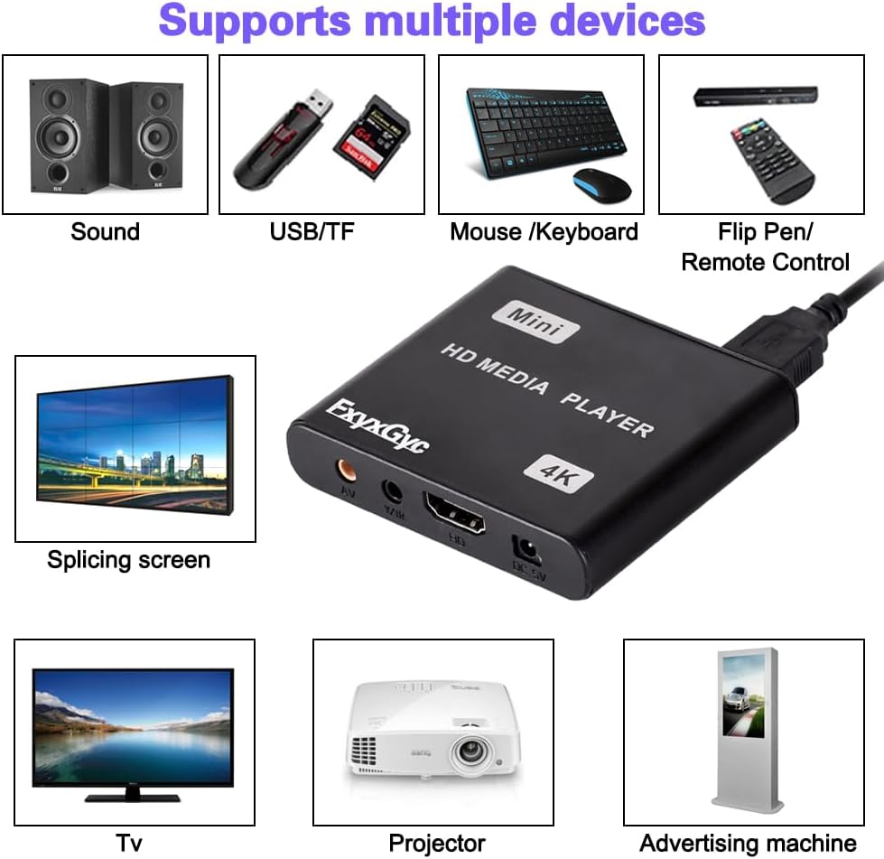 FxyxGyc 4K 4K@30Hz Output,H.265/H.264/AVC MP4/MKV/MP3/TS/Rmvb/Mov/JPG HDMI Media Player, Ultra HD Digital Media Player