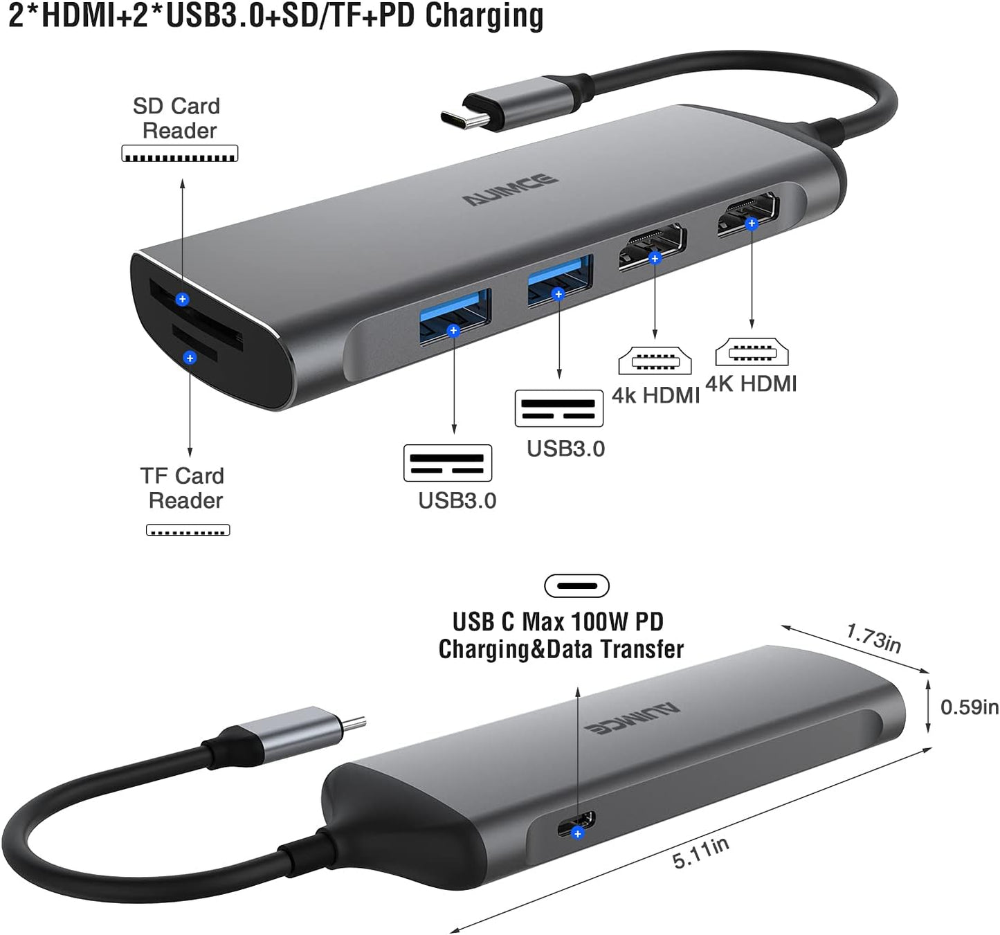 Auimce 7-in-1 2 HDMI,100W 3.0, USB C Docking Station Dual Monitor, Laptop Dock with PD, USB SD/TF Card Reader Ports
