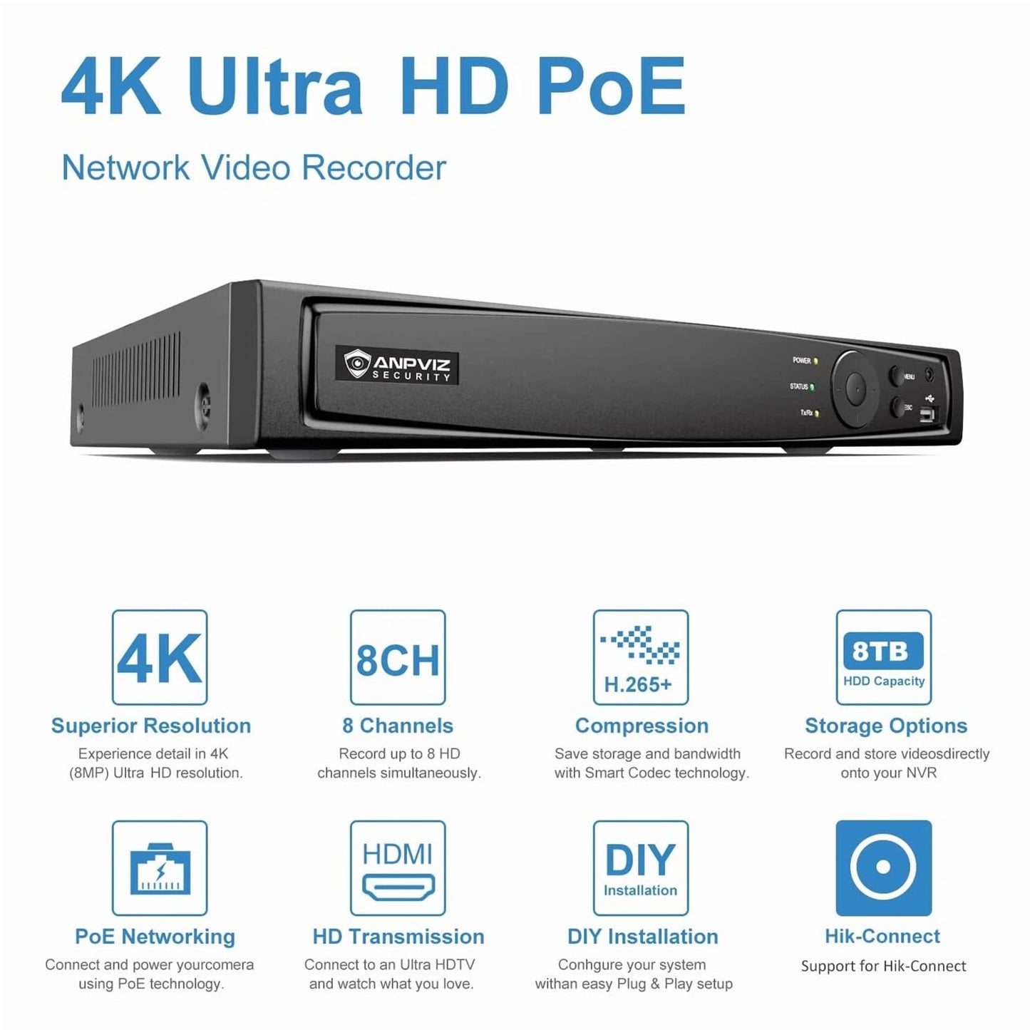 Anpviz 4K Security Camera System, 12MP 8CH PoE NVR Without HDD or Cable, 4X 127° Wide Angle Metal Bullet H.265+ 8MP POE IP Cameras, Smart Color Night Vision, Human Vehicle Detection, 120dB WDR, IP67