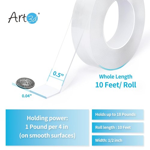 Art3d Double-Sided Mounting Tape - 10FT Multipurpose Removable Adhesive Foam, Transparent Household Solution