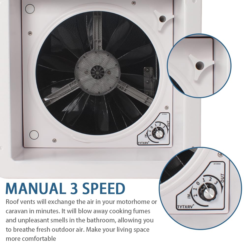TYTXRV 12V 14" RV Roof Vent Fan with Bug Screen,Manual Control & 3-Speed Quiet Exhaust Fan for RVs/Campers/Trailers