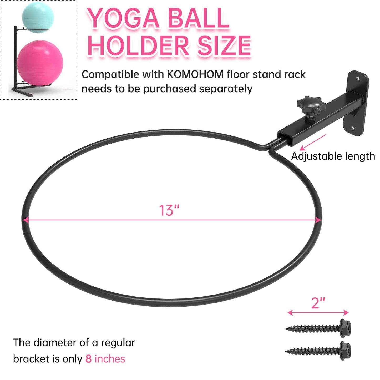 KOMOHOM Wall-Mounted Yoga Ball Holder, Black Metal, 12-Inch Diameter Ring, Universal Exercise Ball Storage Rack for 14-30 Inch Stability Balls(2PCS)