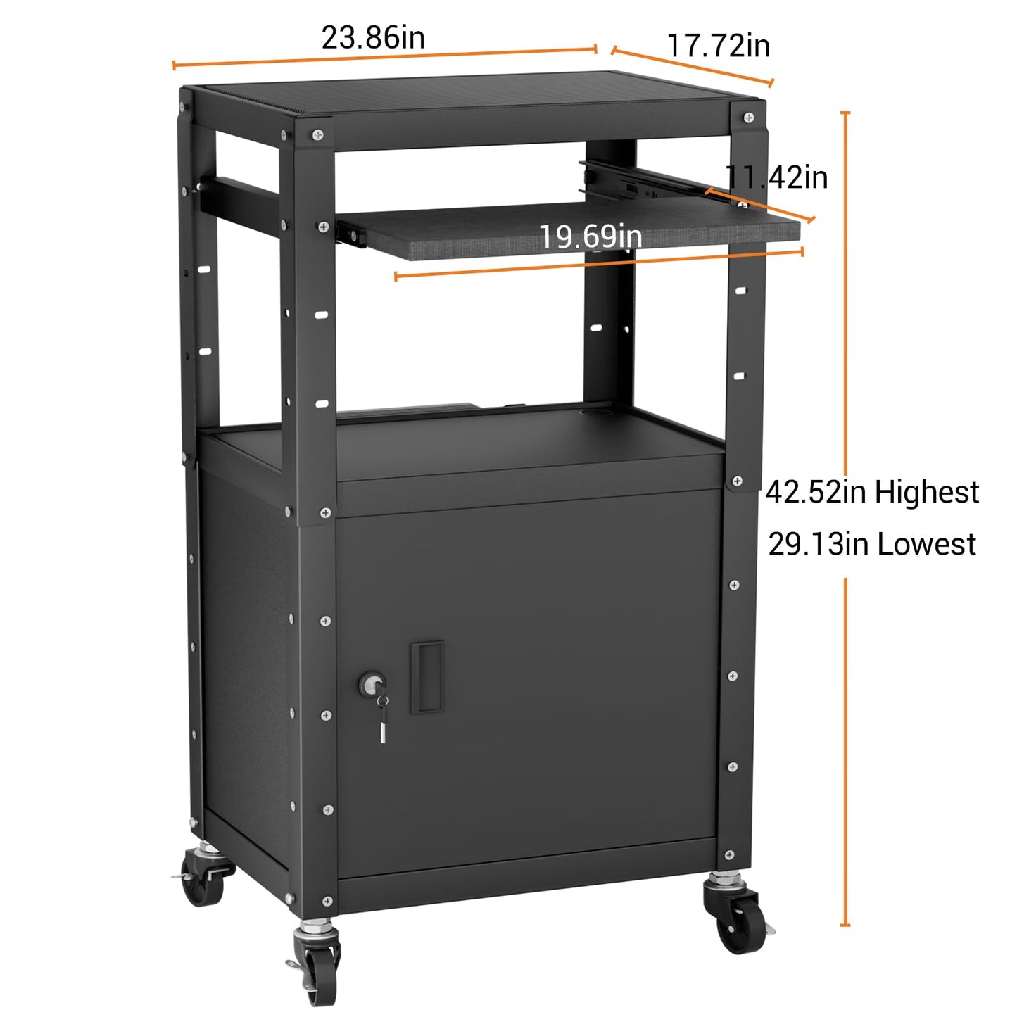 Mobile AV Cart with Cabinet, Rolling Computer Cart Height Adjustable Rolling Media Utility Cart with Extra Storage Space, 4 Outlets, Pullout Keyboard Tray Perfect for Home or Office Use