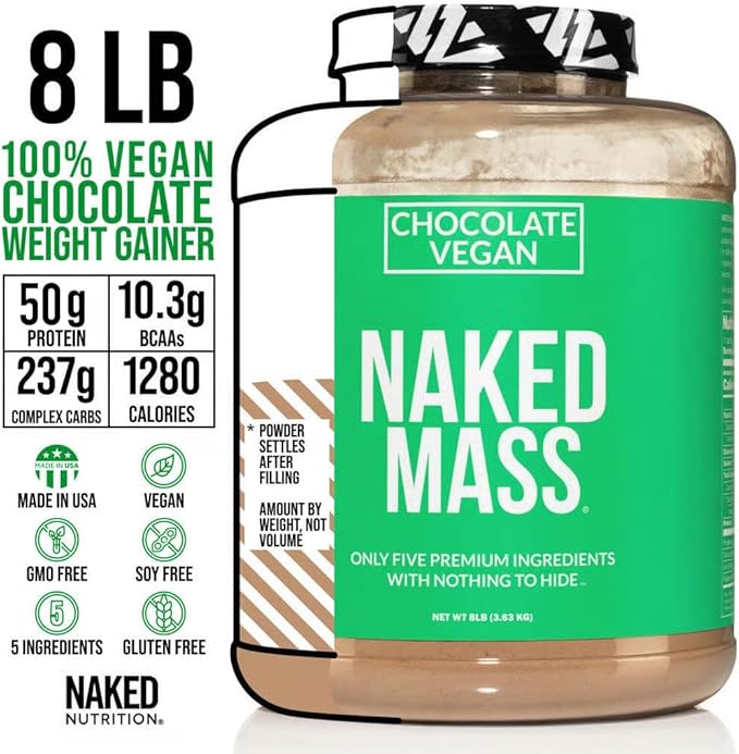 NAKED Vegan Mass - Chocolate Vegan Weight Gainer - 1,280 Calories, Non-GMO, Soy & Gluten Free, No Artificial Ingredients - 8LB Bulk - 11 Servings