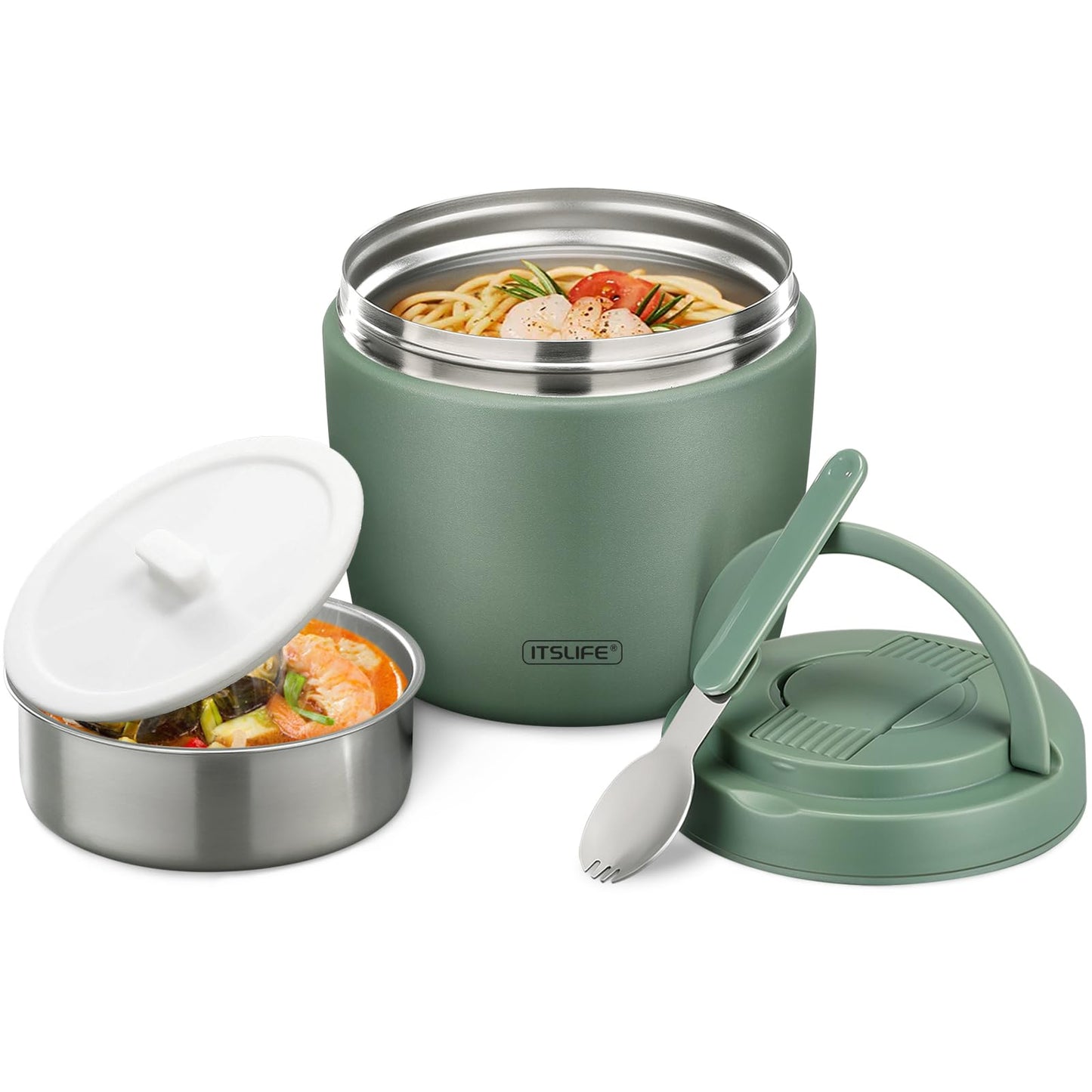 Itslife 32oz Insulated Soup Thermo, Vacuum Stainless Steel Food Jar for Hot & Cold Food, Leakproof Wide Mouth Lunch Container with Spoon, Green