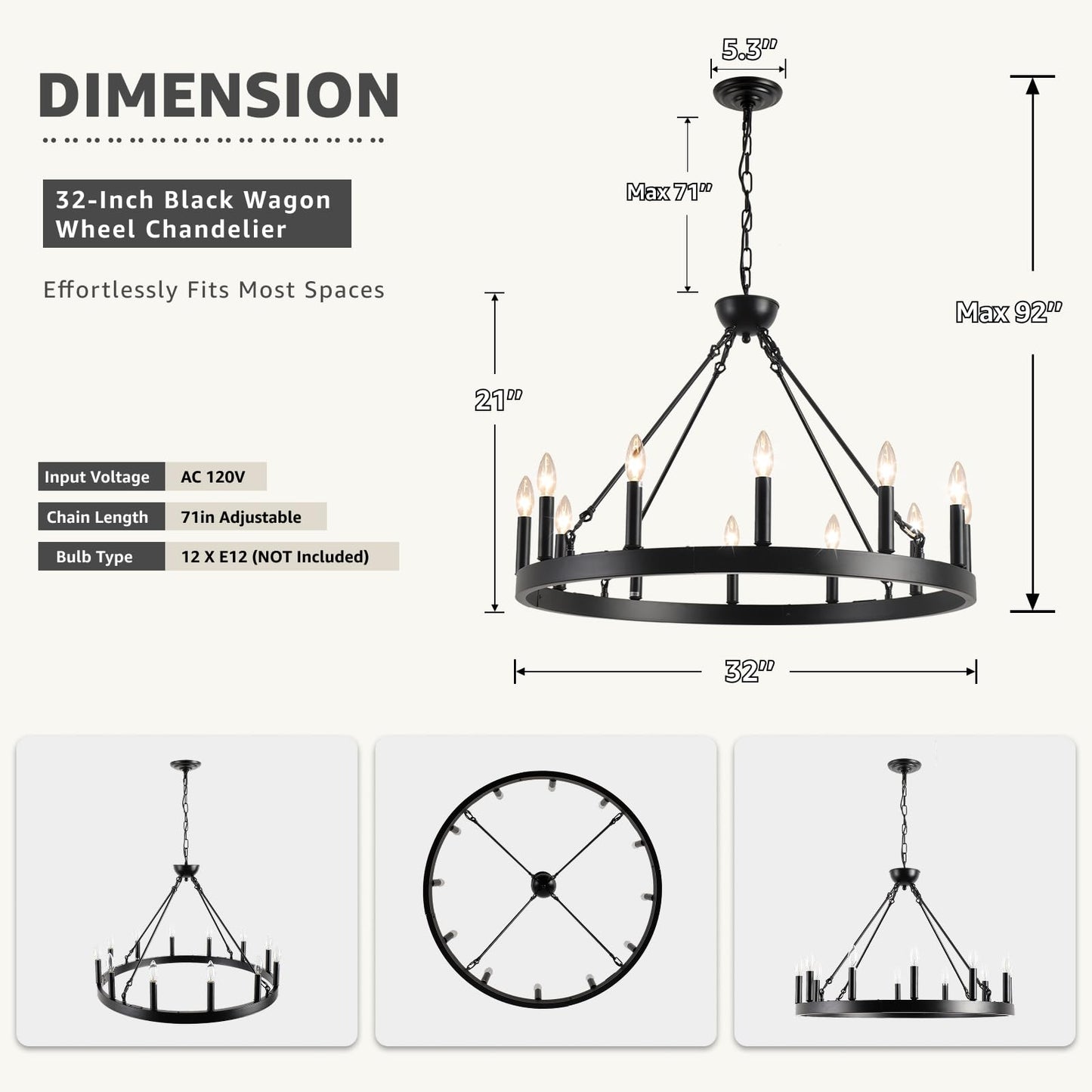 VBKK Wagon Wheel Chandelier 32" 12-Light, Round Black Chandeliers Farmhouse Modern Wagon Wheel Light Fixtures, for High Ceiling Dining Living Room, Foyer, Entryway