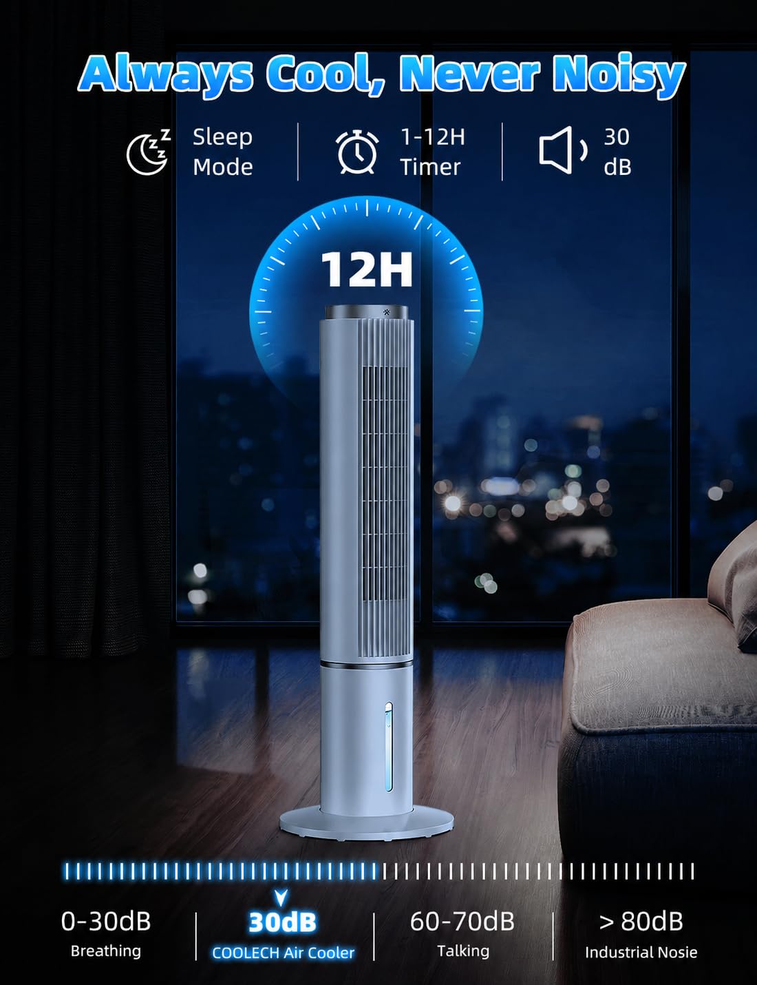 COOLECH 42 INCH Portable Swamp Cooler Air Conditioner w/4 Modes & 3 Speeds, 1-Gal Tank for 15H Cooling Evaporative Air Cooler, 12H Timer, Remote, 90° Oscillating Windowless Air Conditioner for Bedroom