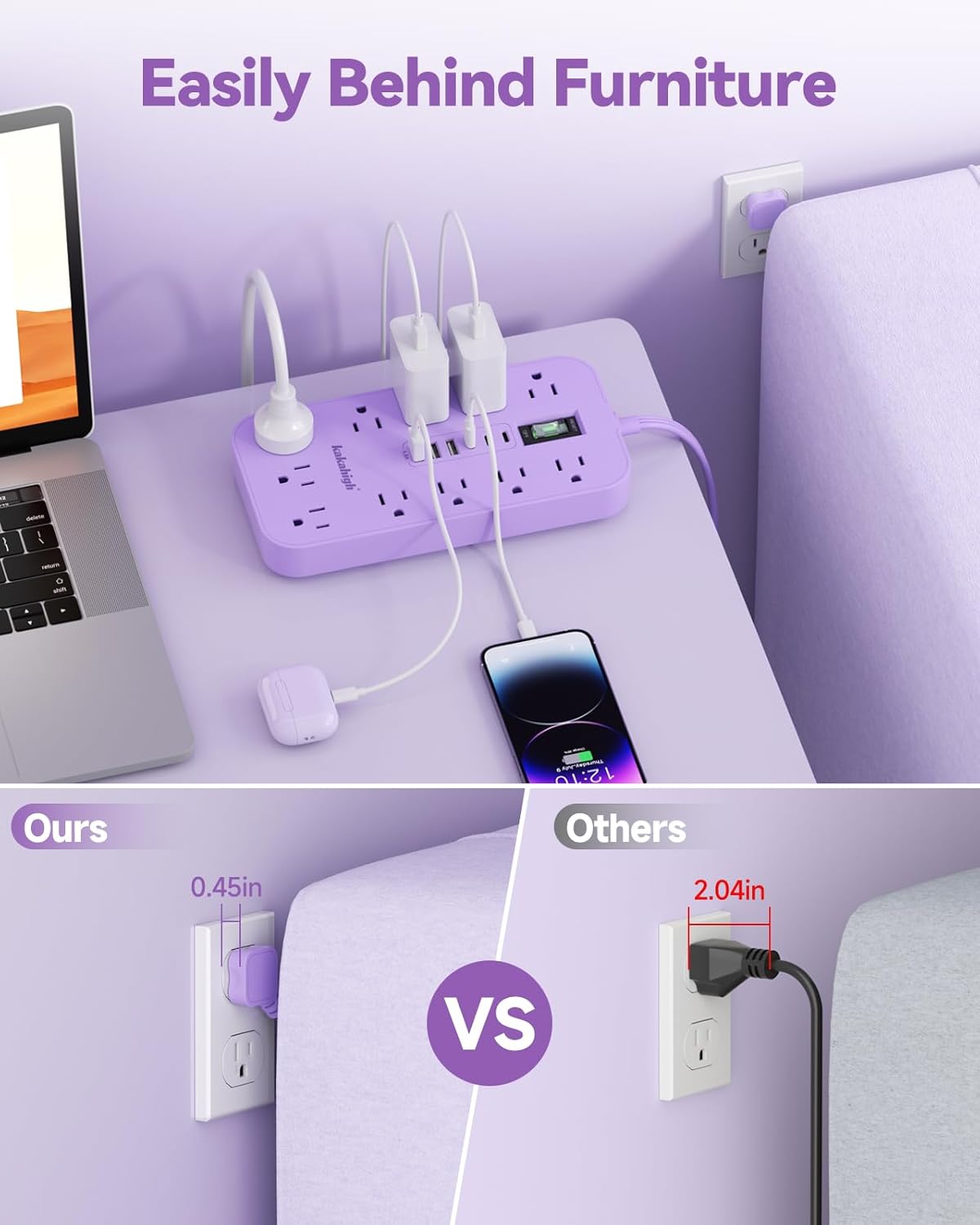 kakahigh 5 11 6 (24W/4.8A), Purple Extension Cord with Multiple Outlets- FT Lavender Power Strip, Girls Extension Cord