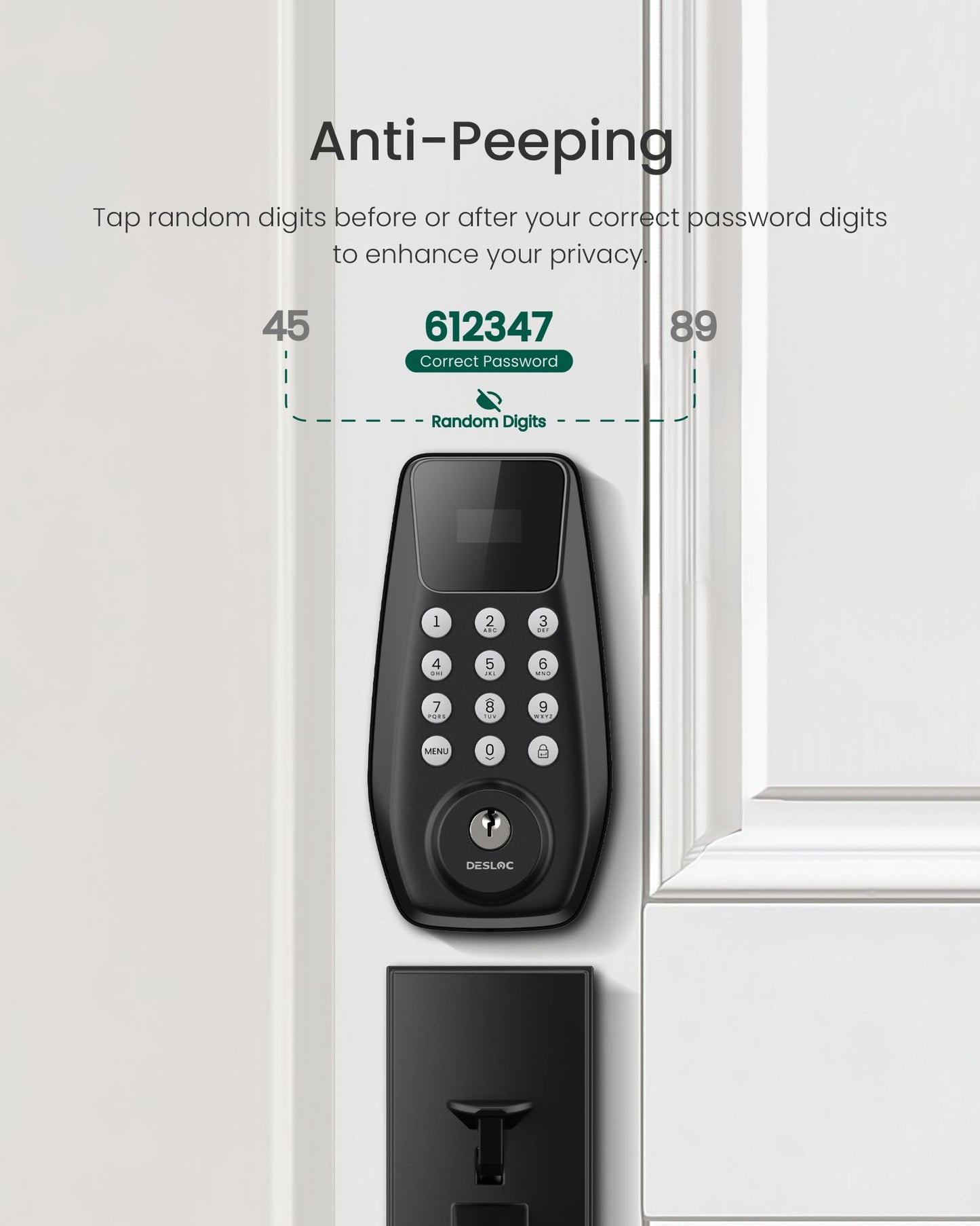 DESLOC C100 Keyless Entry Door Lock with Visual Display, 100 Customizable User Codes and 4 One-Pass Code, Door Locks for Front Door with 2 Keys,12 Months Battery, IP54, BHMA Grade 3, Auto Lock, Black