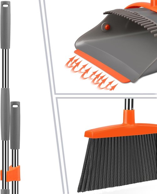 Ivandar Broom and Dustpan Set - Long Handle Combo for Home & Office | Gray & Orange Design