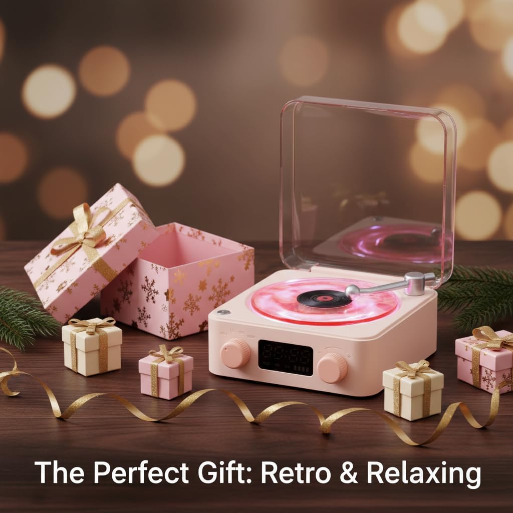 FAITIO Waves Vinyl Bluetooth Speaker Pink,Mini Record Player Style Speakers with Ocean Sound White Noise, Retro