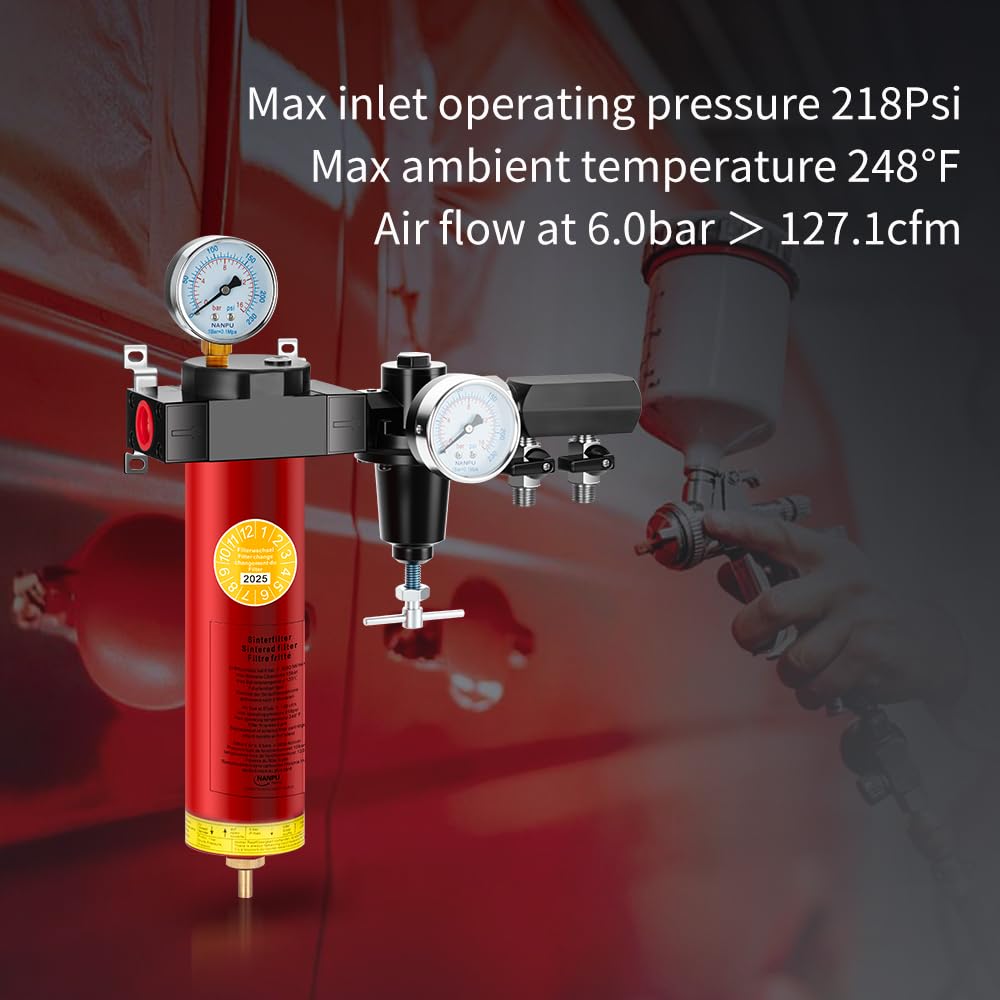 NANPU Z-R Air Filter Regulator– Sintered Filter, 3/8" NPT Inlet, 1/4" NPT Outlet Module, 0-230 psi Gauge, 127 CFM @ 6 bar, Metal Housing, Heat Resistant to 248°F