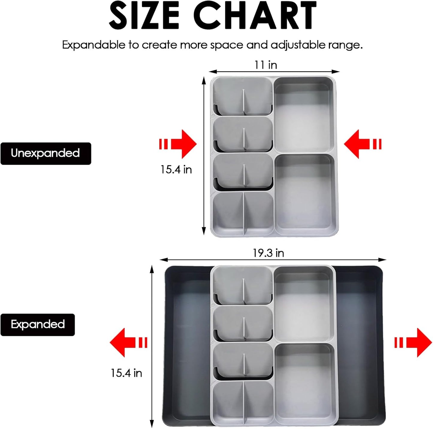 Skiennix Expandable Cutlery Drawer Organizer - Adjustable Plastic Utensil Tray for Forks, Spoons & Knives - Large Grey