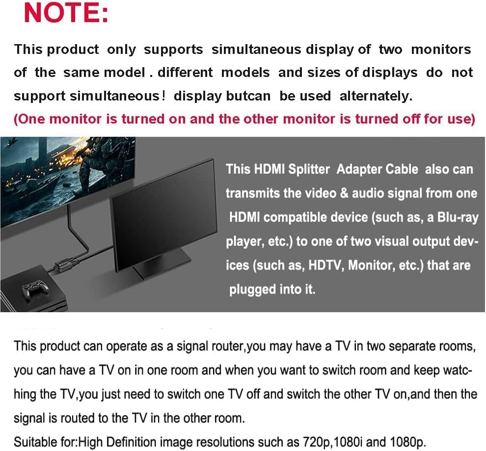 Flsazrx 1 2 1 2 Hdmi Splitter in Out Adapter Cable -HDMI Splitter Male to Dual HDMI Female to Way for HD, LED, LCD, TV