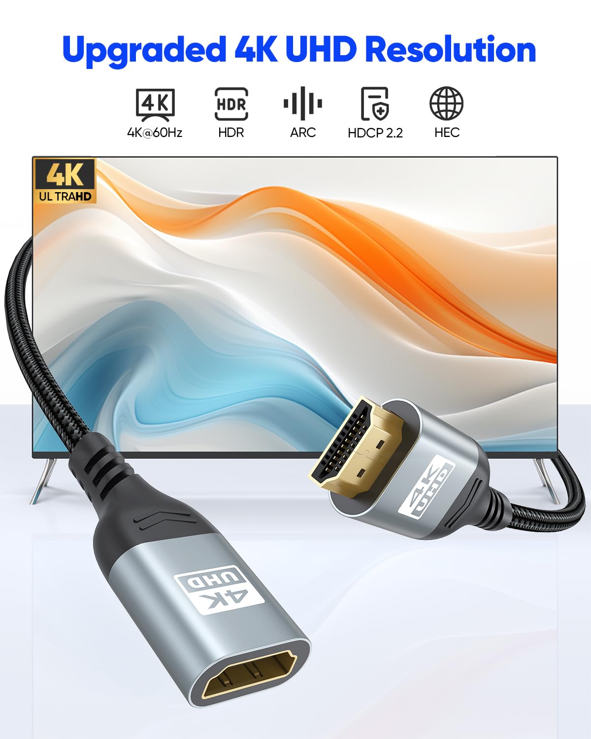 4K 3FT 3D, 2.2 PS5, HDMI Extender Cable HDMI Extension, High Speed HDMI Male to Female Adapter Supports ARC, HDR, HDCP