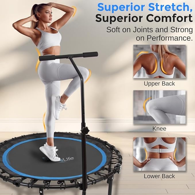 SereneLife 40"/50" Mini Trampoline for Adults - 450/550LBS Fitness Trampoline with Reinforced Springs & Adjustable Safety Handle - Stable & Quiet Supports Whole-Body Workout & Relaxation