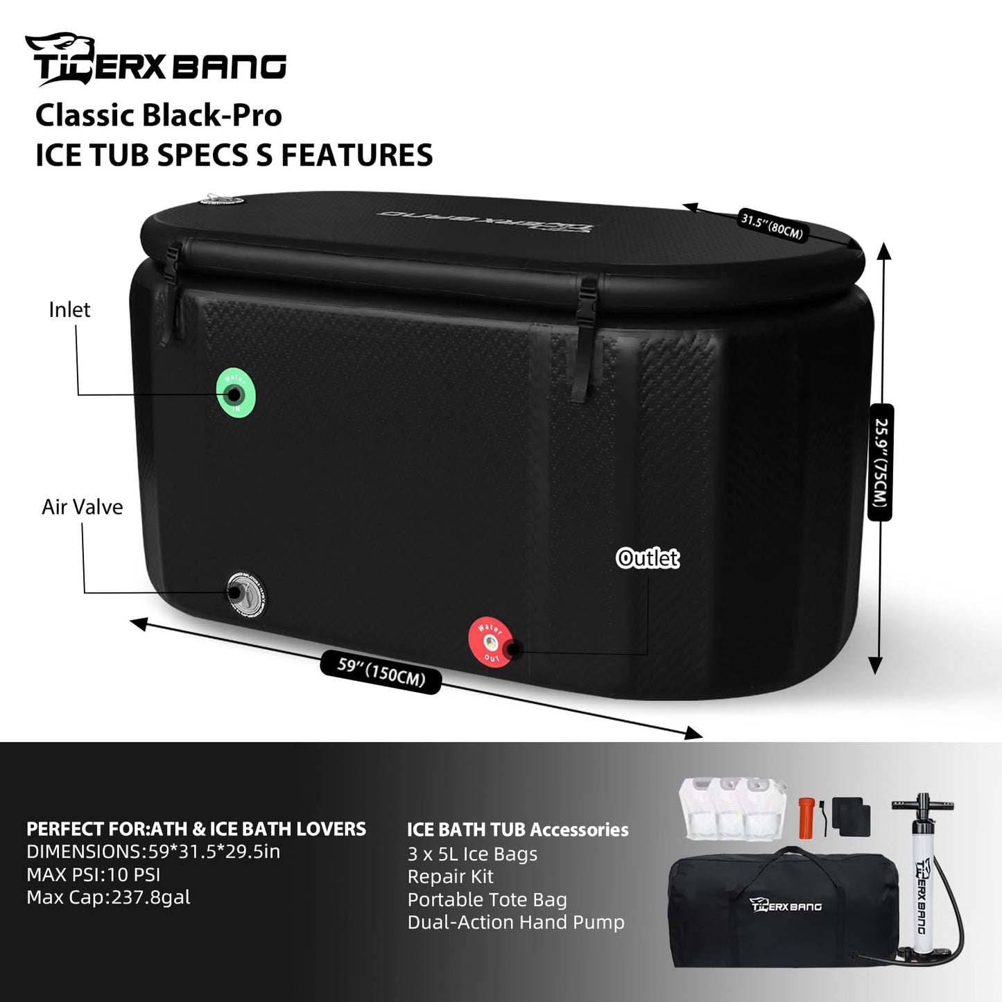 TIGERXBANG Ice Bath Tub,Inflatable Cold Plunge Tub, Water Chiller Compatible, 237.8Gallon Portable Ice Plunge Tub for Athletes, Adult Ice Bath Enthusiasts (Classic Black-Pro)