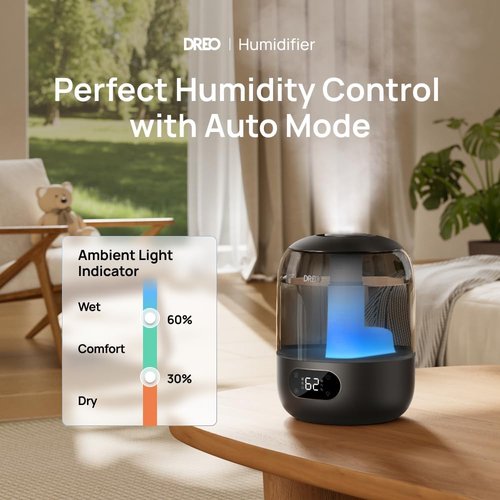 DREO Ultrasonic Humidifier - 3L Top Fill, 30H Quiet Runtime, Humidity Sensor & Night Light - Black