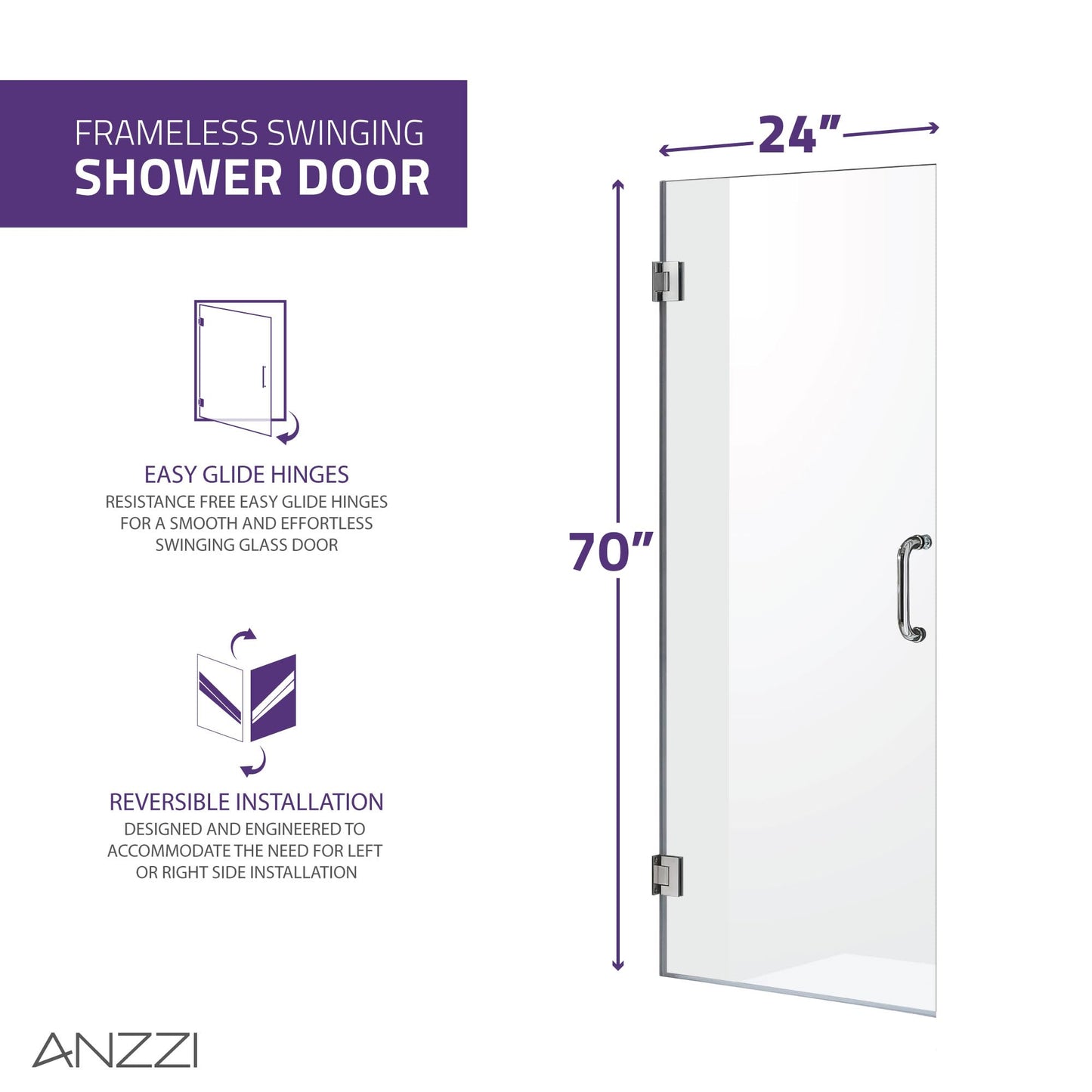 ANZZI Frameless Hinged Shower Door 24 x 70 in, Brushed Nickel, 5/16 in Clear Tempered Deco-Glass, Tsunami Guard, ANSI Certified, Reversible Left or Right Install Fellow Series | SD-AZ09-01BN