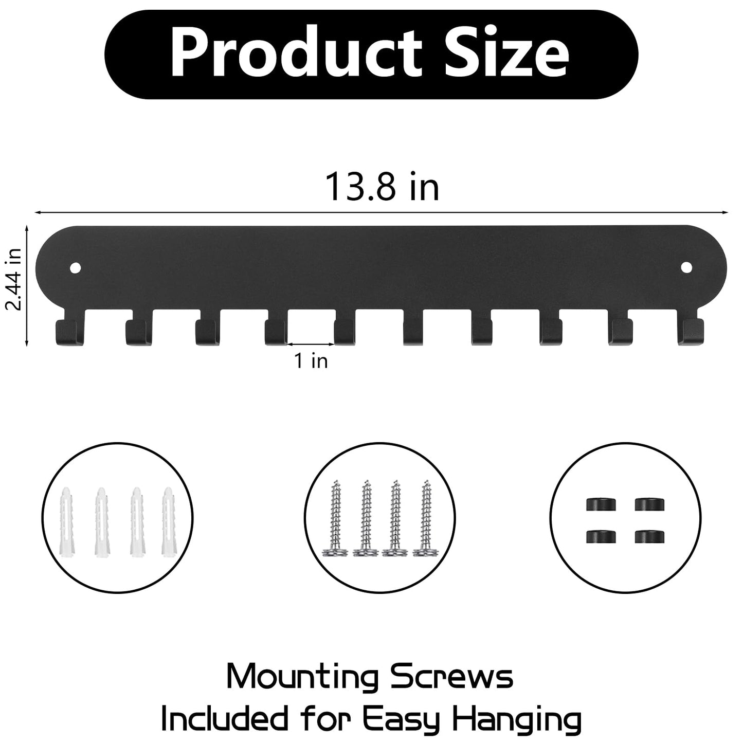 Suzurana 2 Pack Key Holder for Wall,Key Hooks with 10 Hooks,Key Holder Wall Mount Self Adhesive, Key Rack for Wall No Drill for Living Room, Kitchen, Bathroom, Garage (Black)