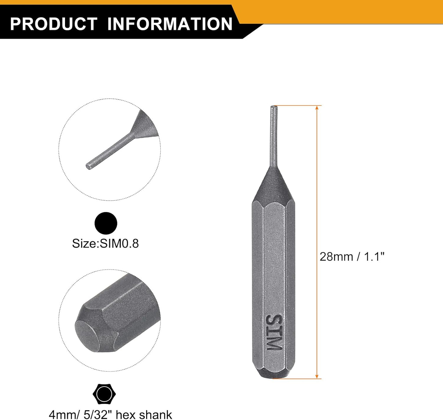 10pcs SIM0.8 5/32" 28mm S2 HARFINGTON Card Removal Screwdriver Bit Hex Shank Length Magnetic Cylindrical Head Steel SIM