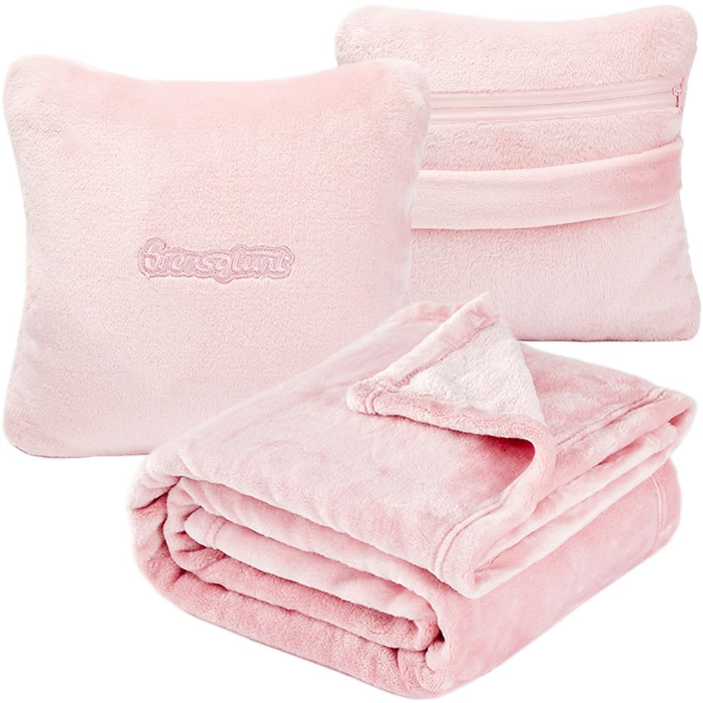 Brensglunt Travel Blanket Pillow, Premium 2 in 1 Flannel Airplane Blanket Compact for Travel,Office, Home,Travel Essentials Accessories for Plane and Car,Compact Office Blanket (Pink)