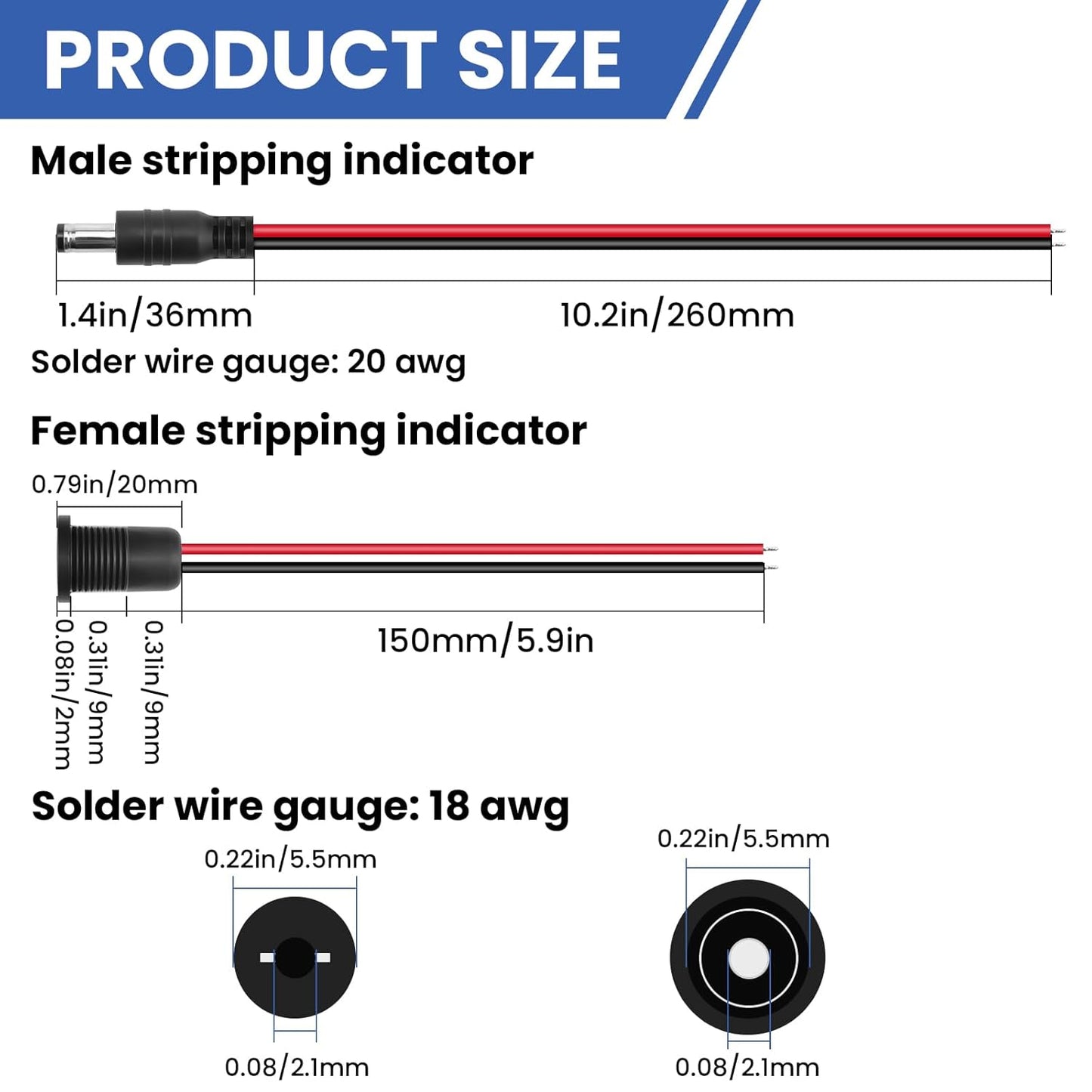 DALQUIS 6 Sets 5.5 2.1mm 18AWG Communication, x DC Power Jack Socket Threaded Female Panel Mount Connector Solder Type