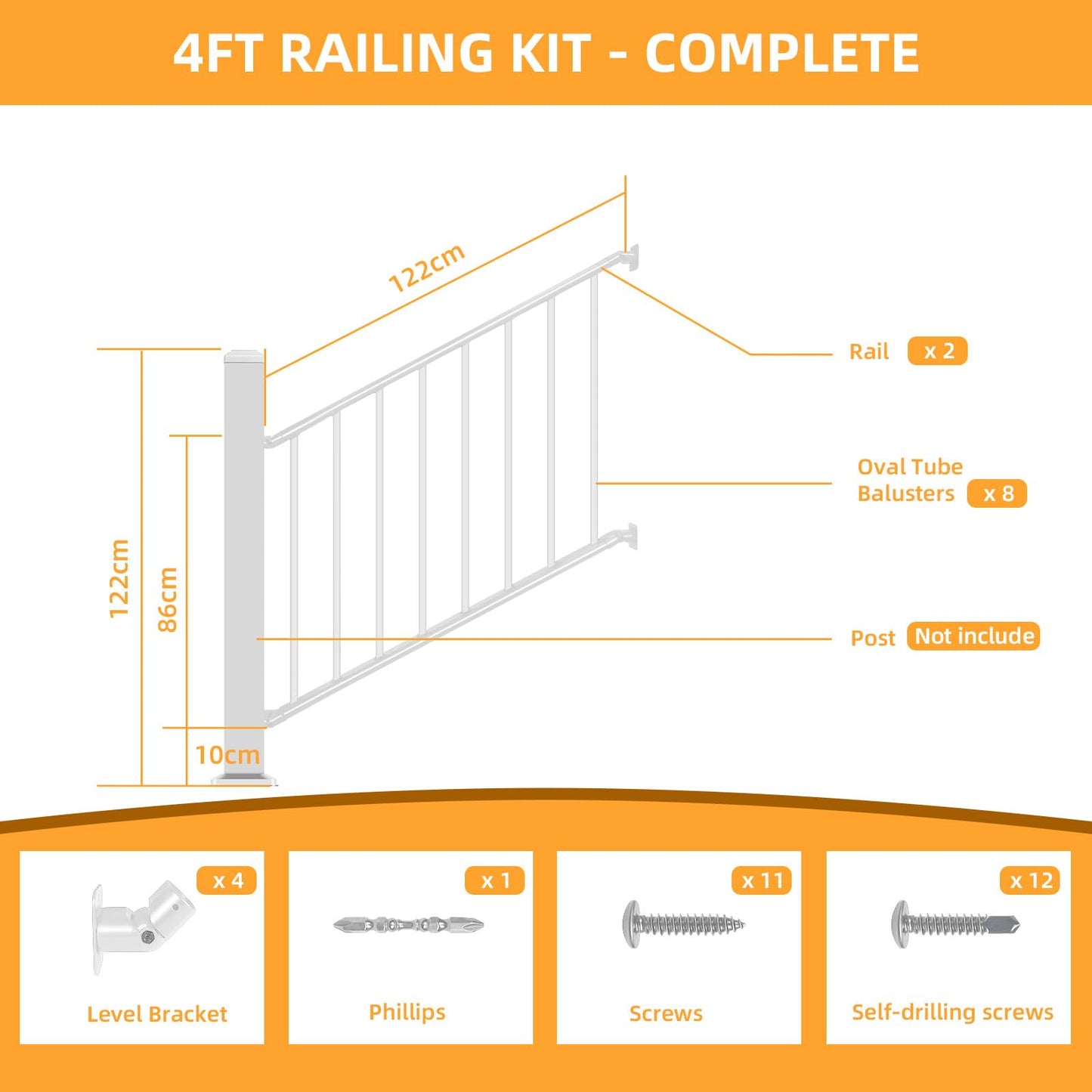SunCrafts Heavy Duty Steel Deck Railing System, 38 in. H x 4 ft. W Galvanized Guardrail Stair Railing Kit with White Powder-Coated Finish for Outdoor Decks, Porches & Balconies