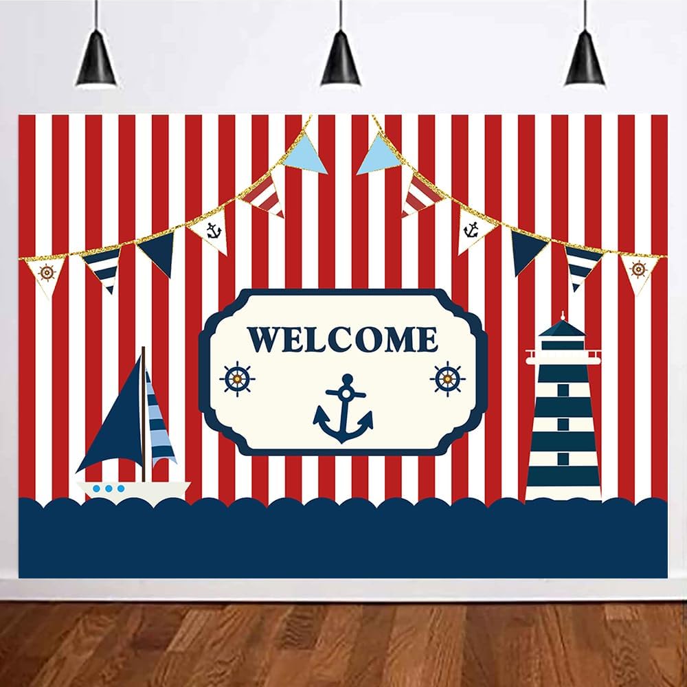 Fanghui 8*6ft Nautical Theme Party Photography Backdrop Red White Striped Marine Voyage Boat Background Decoration Kids