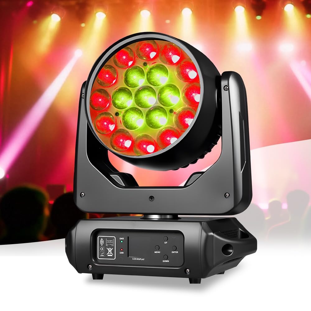 MINGJIE 19x15W Moving Head Stage Light,RGBW 4-in-1 LED Zoom Beam Wash Strobe Effect,DMX Sound Activated,540° Pan 270° Tilt,Professional DJ Lighting for Club Wedding Party Bar (Luces para)