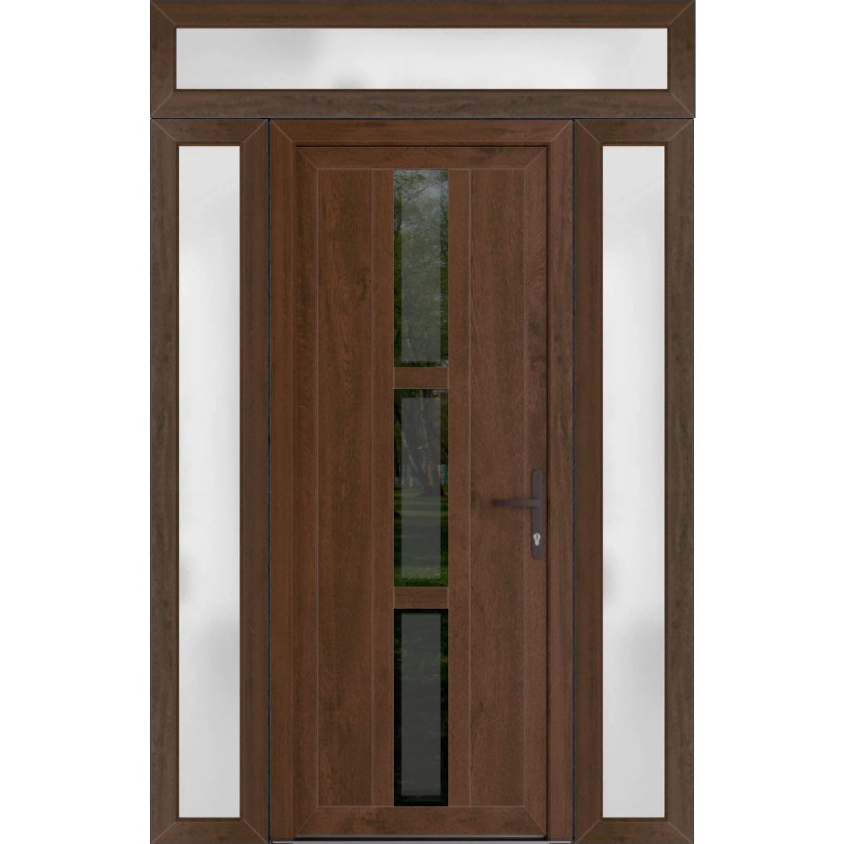 VDOMDOORS Front Exterior Prehung Metal-Plastic Door Frosted Glass | Manux 8112 Walnut | 2 Side, Top Sidelite Transom | Residential Doors Entrance Patio Garage 60 x 94 (W12+36+12 x H80+14) Left-Inswing