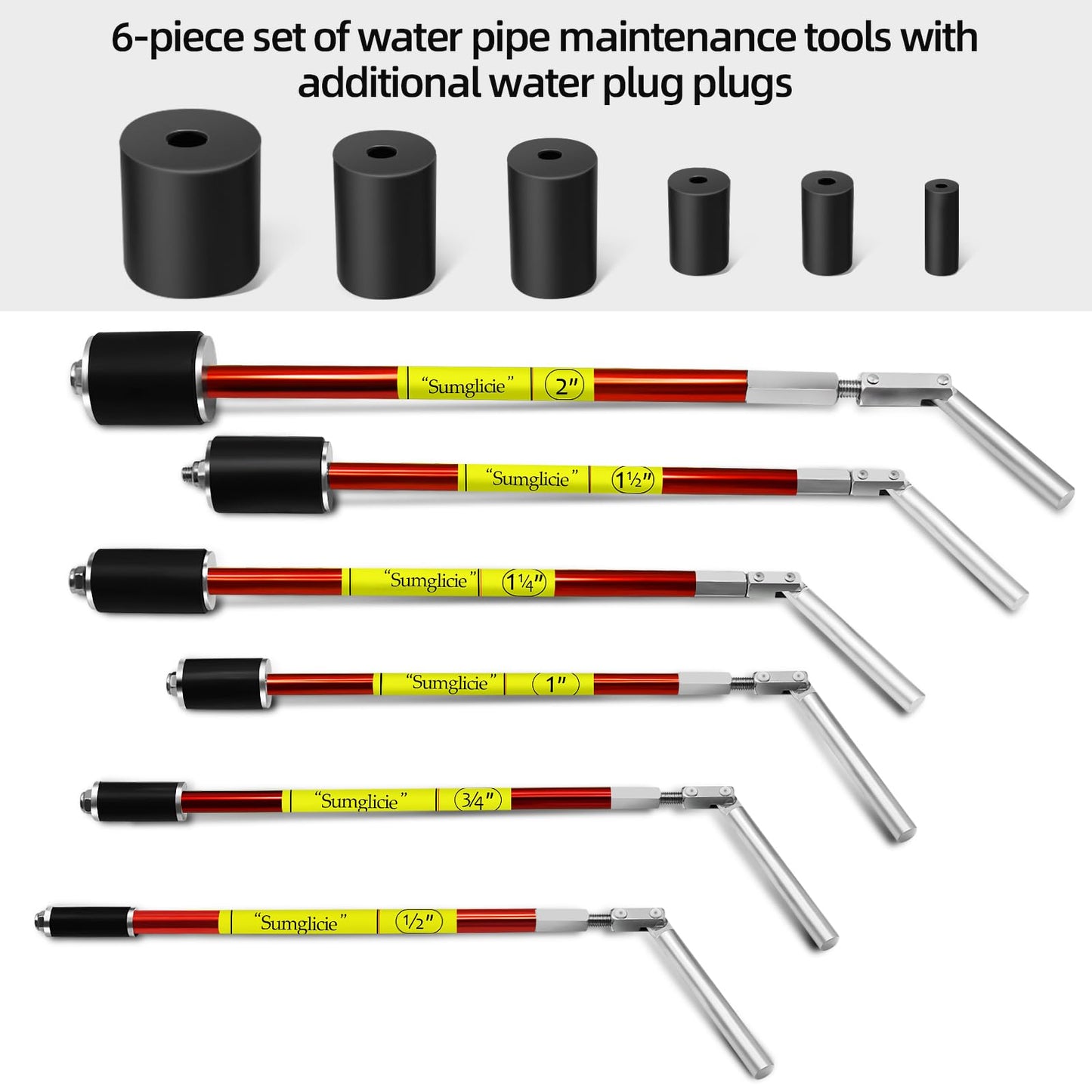 Sumglicie 6800 Plumbing Plug Tool Kit, Pipe Water Stopper Kit 1/2" to 2" for Professional Plumber Plumbing Repair, 6-Piece Tools with Carrying case, No Draining Needed, Fast Leak Repair up to 65 PSI