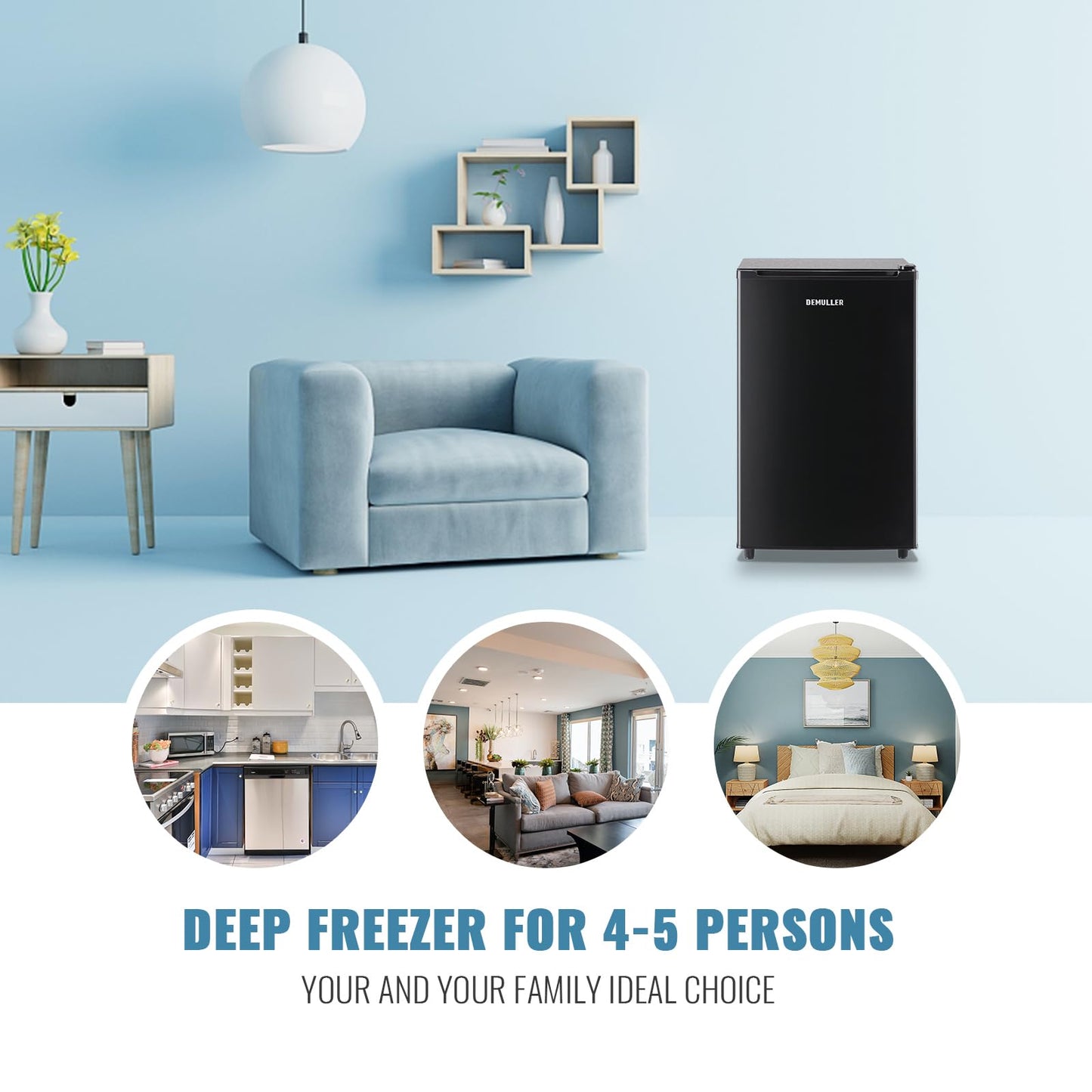 DEMULLER Freezer 3.2 Cu.ft Single Door Freestanding Freezer with Adjustable Thermostat for Kitchen, Apartment, Basement, Dorm, Black