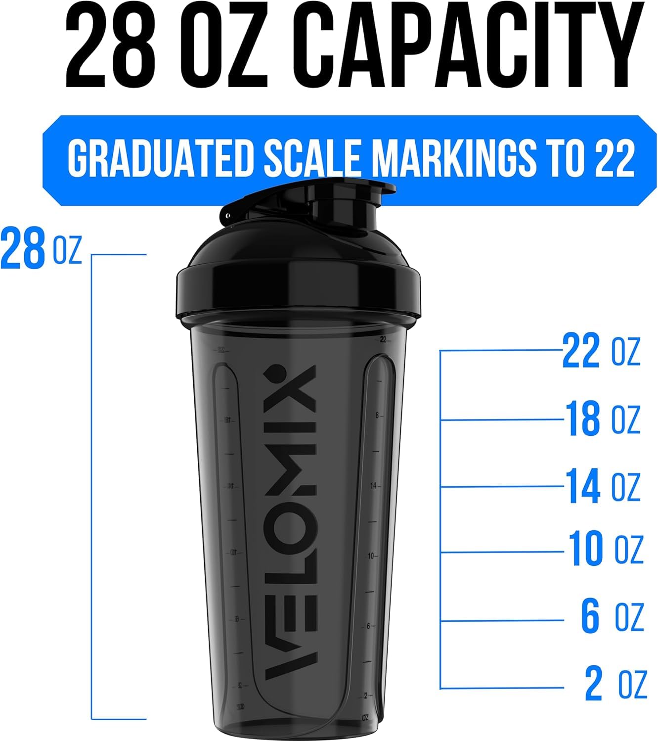 VELOMIX -6 PACK- 28 oz Protein Shaker Bottle for Protein Mixes -6x Wire Whisk | Leak Proof Shaker Cups for Protein Shakes | Large, Stackable Protein Shaker Bottle Pack