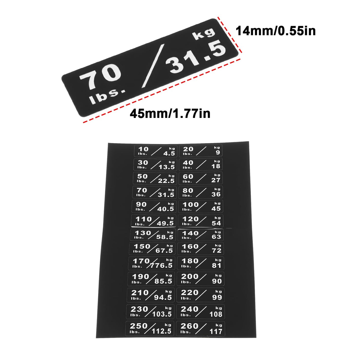 Briny River 2Pcs 10-260lbs/4.5-117kg Weight Stack Labels 4.5x1.4cm Gym Equipment Sticker Suitable for Most Fitness Equipment Weight Plate Size