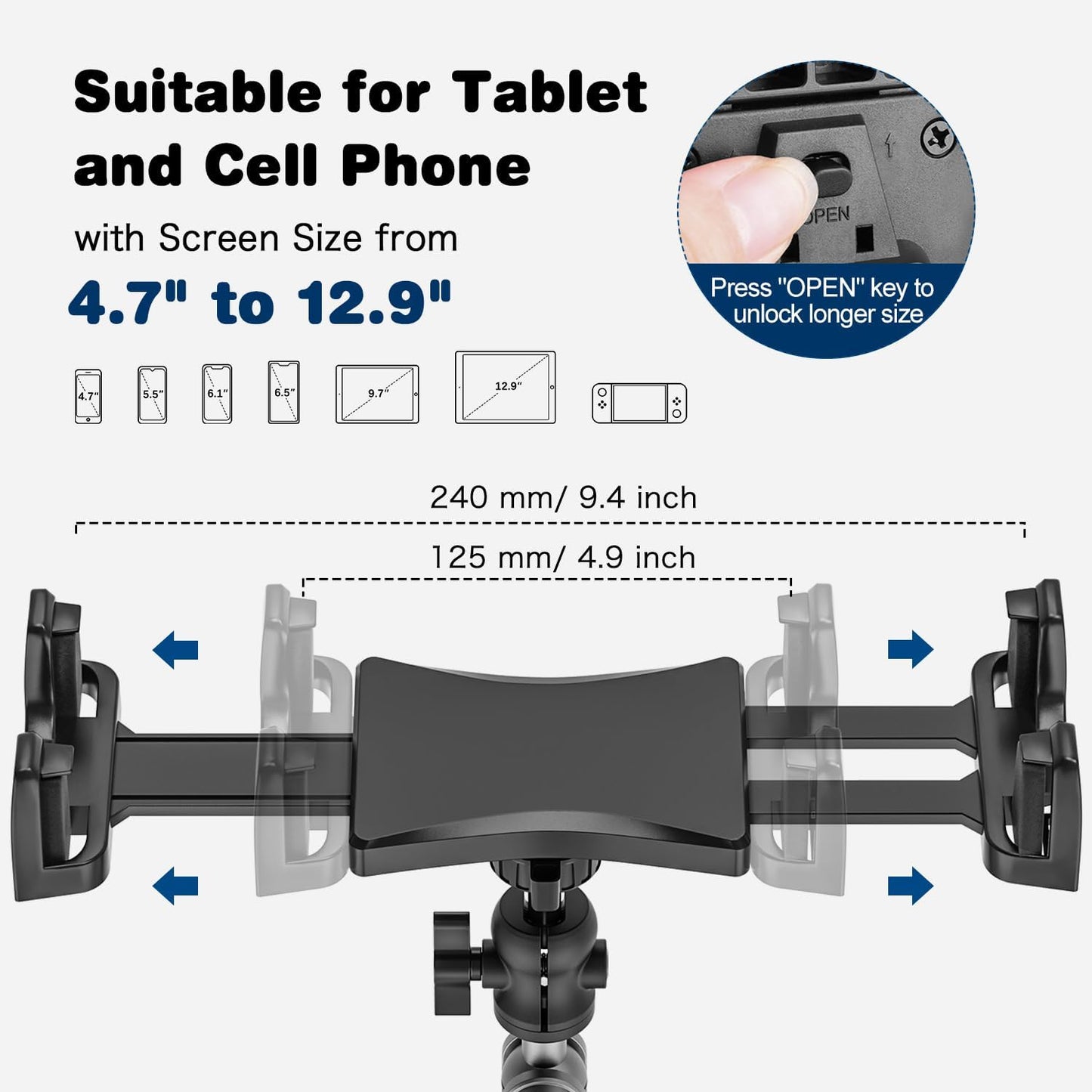BAISHUN 360 4.7-12.9" Tablet Mount for Truck, Car Tablet Holder Heavy Duty Super Suction Cup/Adhesive Base iPad Stand