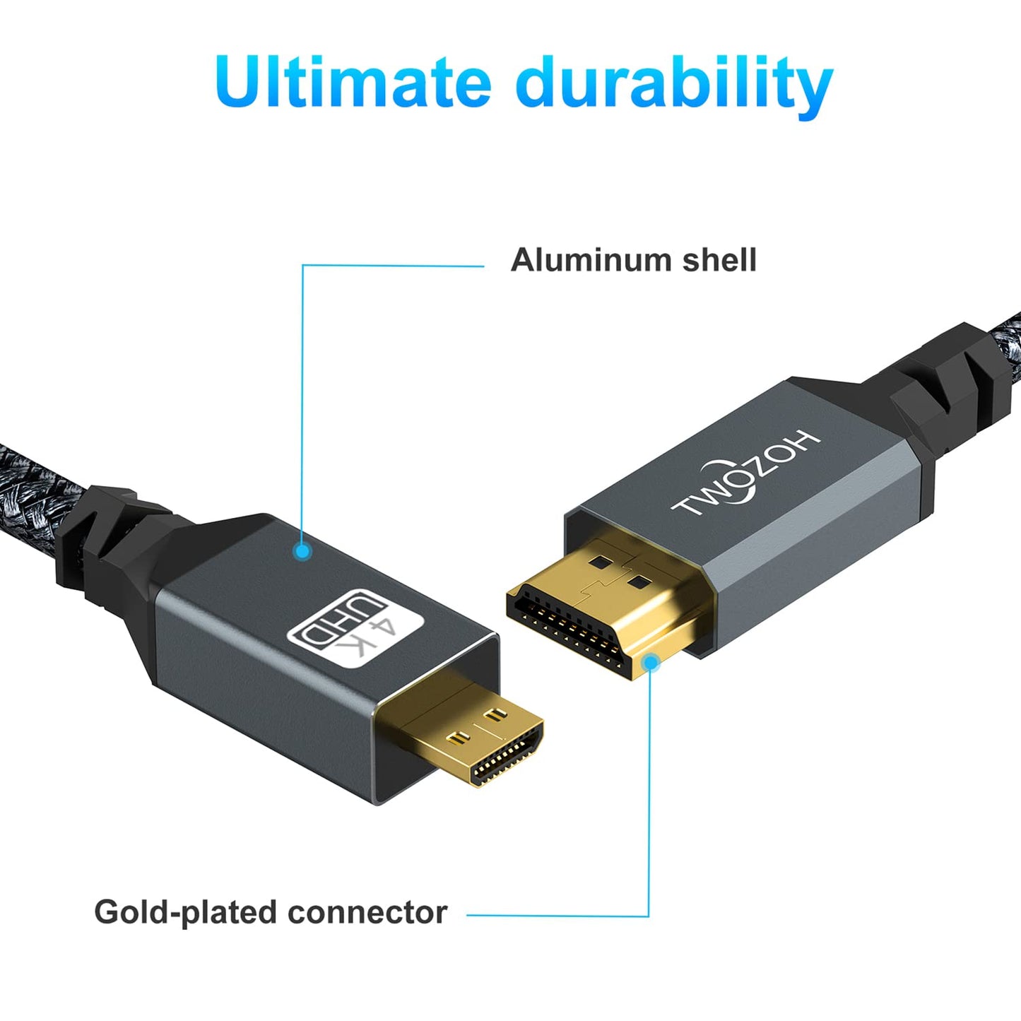 Twozoh 4K 25FT, 3D 4K/60Hz 1080p Long Micro HDMI to HDMI Cable High-Speed Full HDMI to Micro HDMI Braided Cord Support