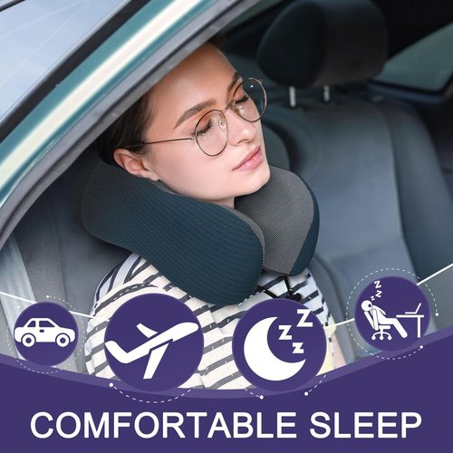 Napfun Neck Pillow - Memory Foam Travel Pillow with Pouch, Sleep Mask & Earplugs | Deep Blue Striped Kit