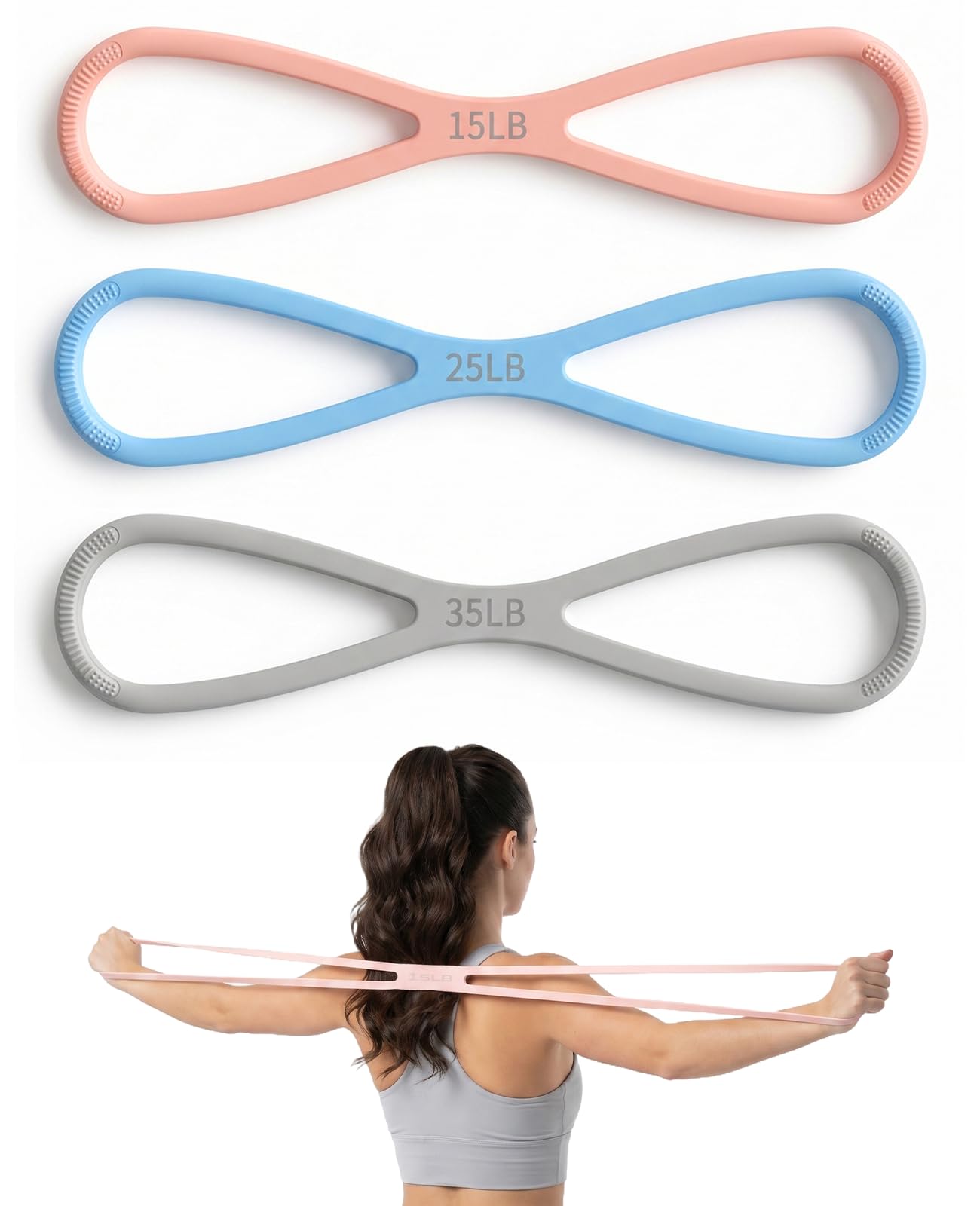 Waaqkid Figure 8 Resistance Band, 3pcs 15&25&35 Lbs Silicone Arm Posture Resistance Bands with Non-Slip Handles for Full Body Workout