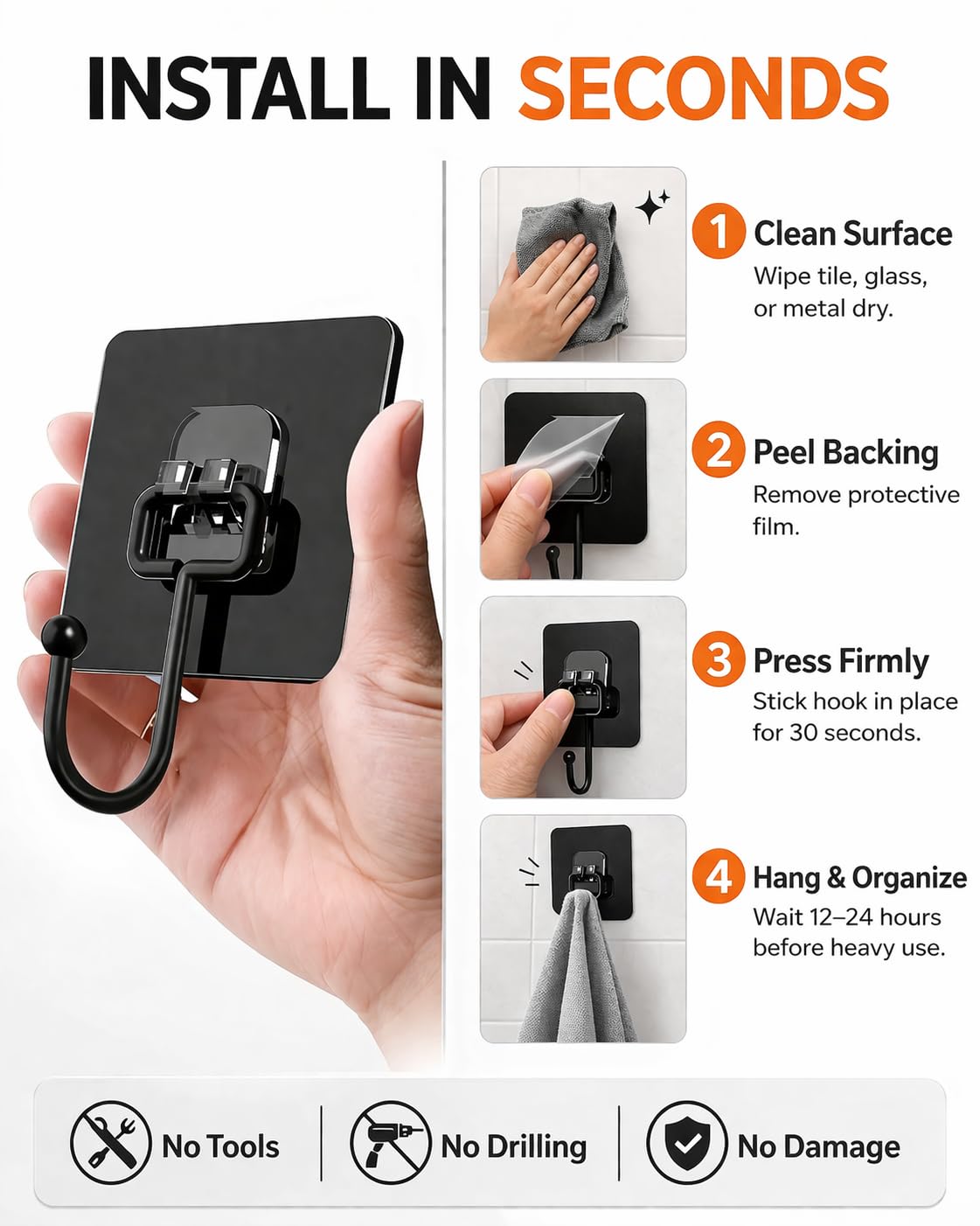 Black Metal Adhesive Wall Hooks Light Duty 6-Pack, No Drill Waterproof Sticky Hooks for Bathroom Kitchen Garage, Strong Wall Hooks for Towels, Keys, Coat, Tools, Holds Up to 20 lbs